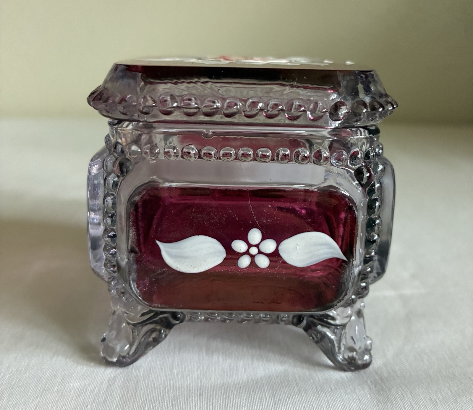 VTG Westmoreland Ruby Red Glass Trinket Jewelry Box Hand painted Artist Signed