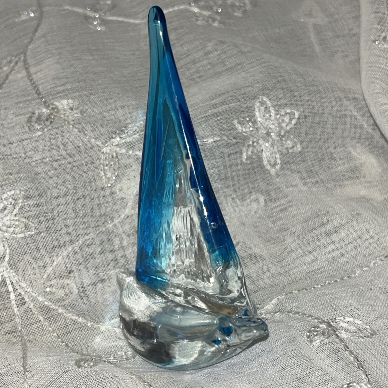 Art Glass Sailboat Sculpture Figurine Blue Clear Vintage Ocean Nautical Unsigned
