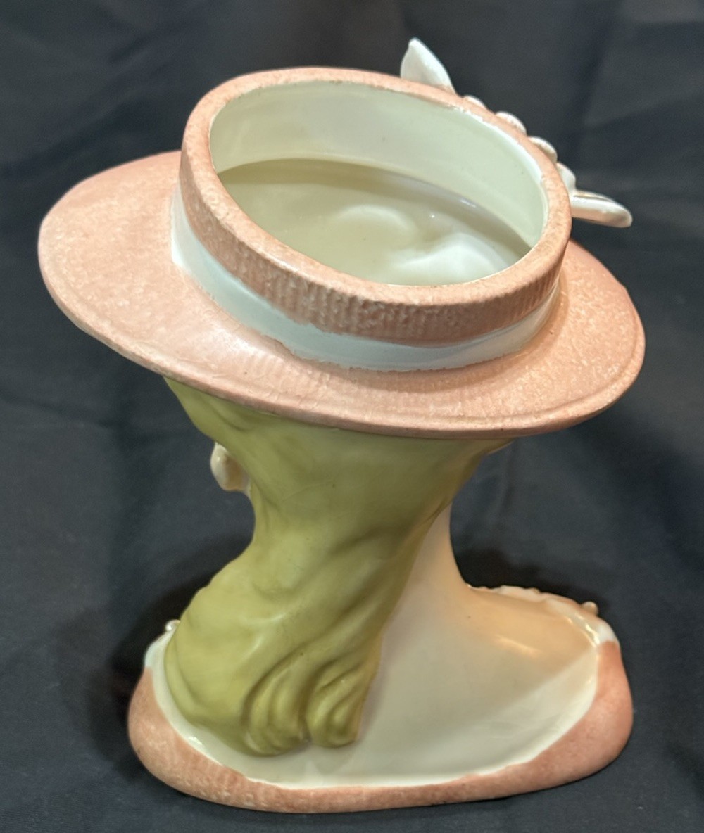 RUBENS # 499 BLOND LADY head vase FOIL RUBENS LABEL FLORAL HAT & DRESS 6 INCH