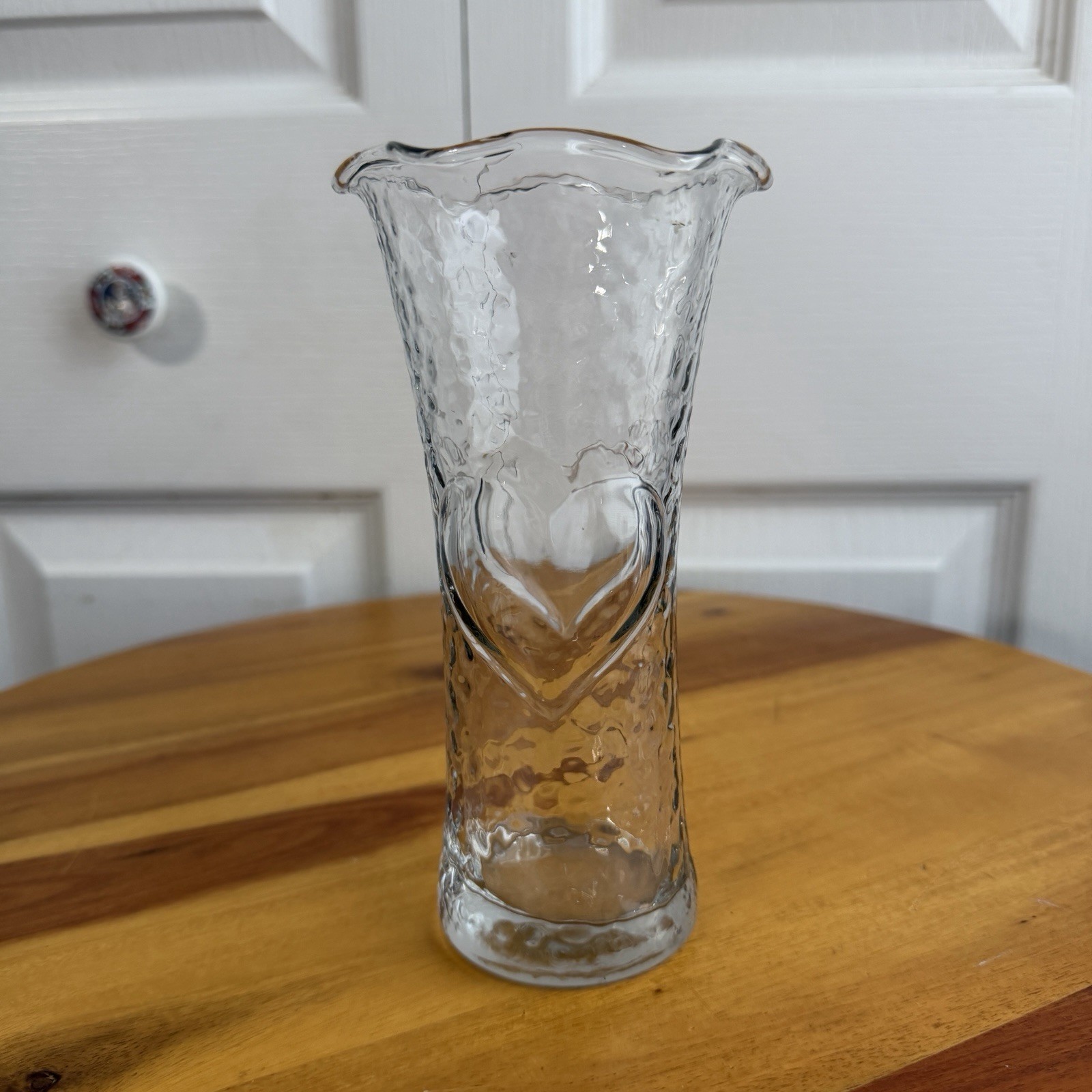 Anchor Hocking Clear Textured Glass Flower Vase Heart Imprint Ruffle Edge VTG
