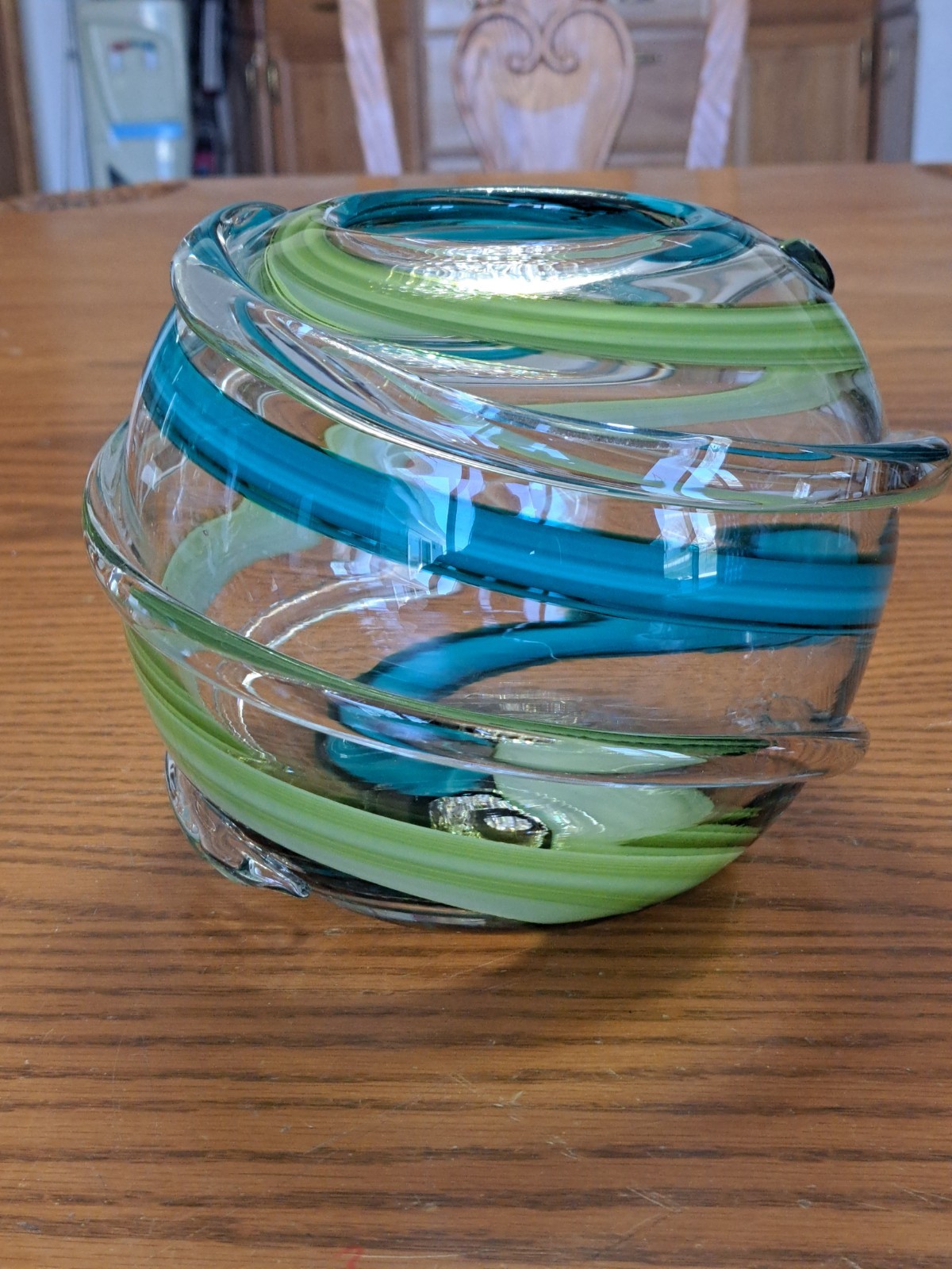Art Glass Vase Aqua & Green Raised Clear Bands Handblown Decorative Bowl Vase