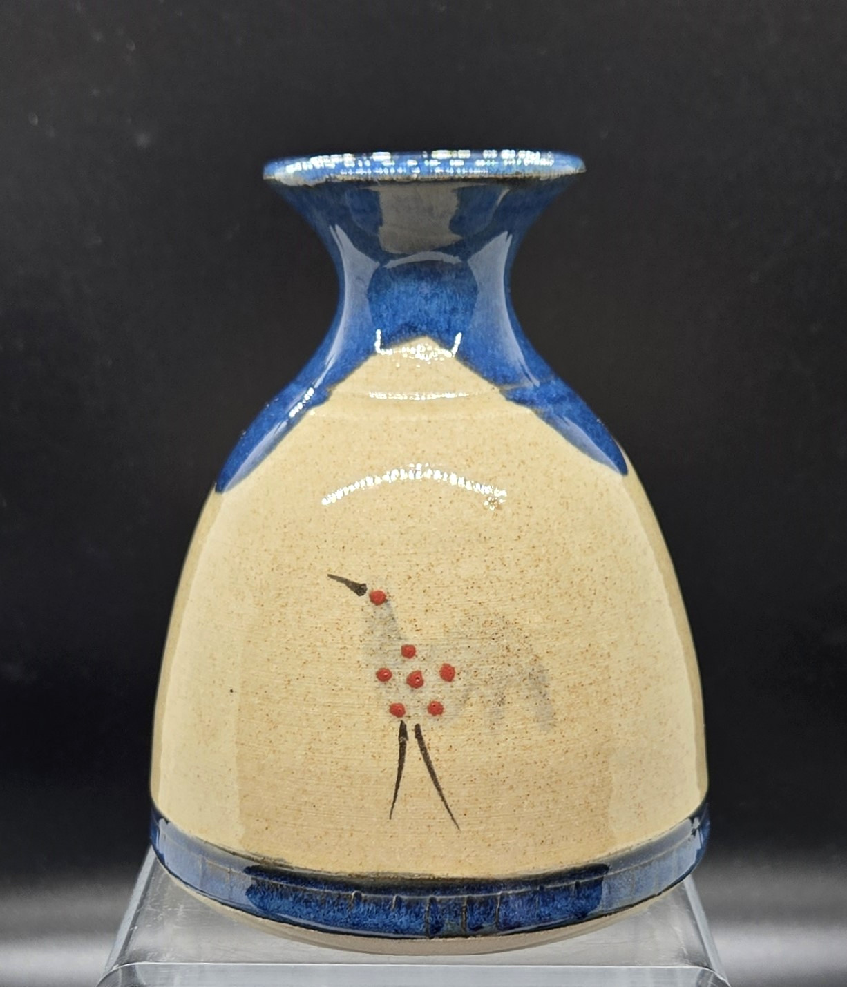 MUCROS Pottery Vase ~ Blue Drip with Bird ~ Glazed ~ Stamped ~ 4-5/8″ ~ Ireland