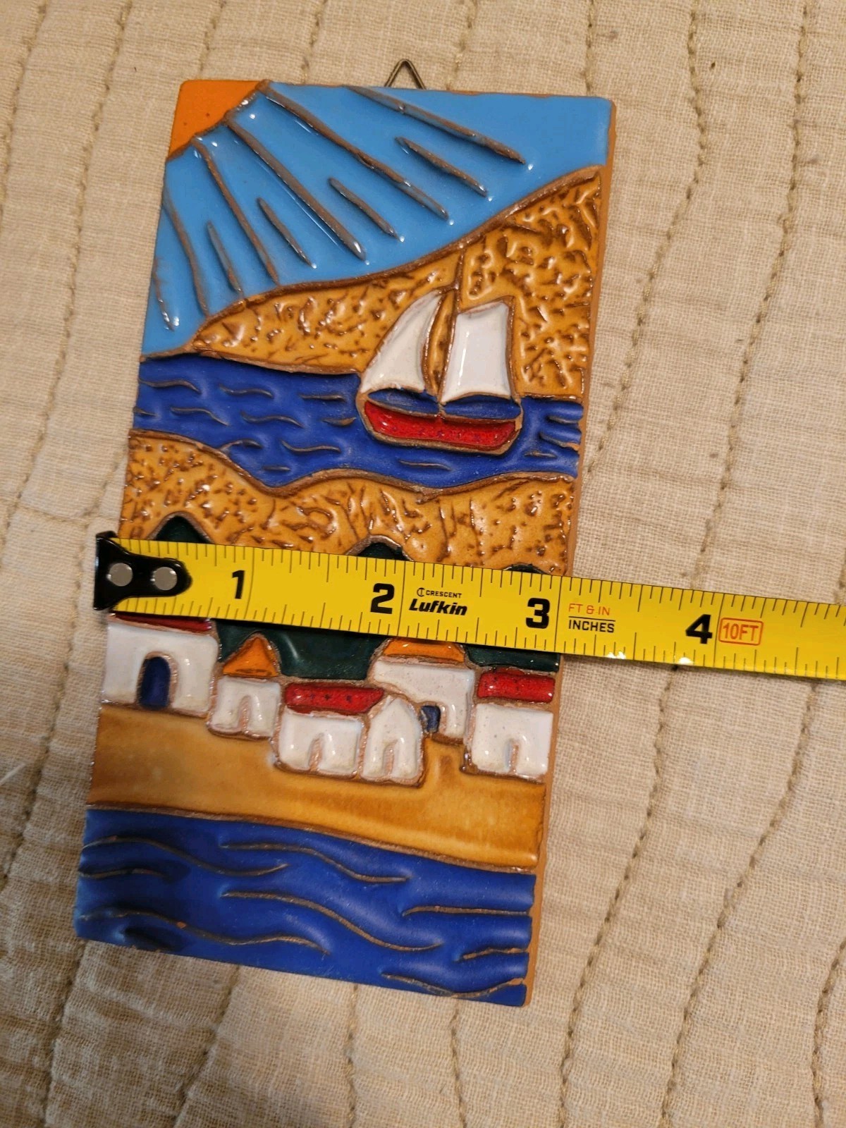 VTG Wall Hanging Tile Greece Seaside Scene Ceramic Handmade 3” x 6″