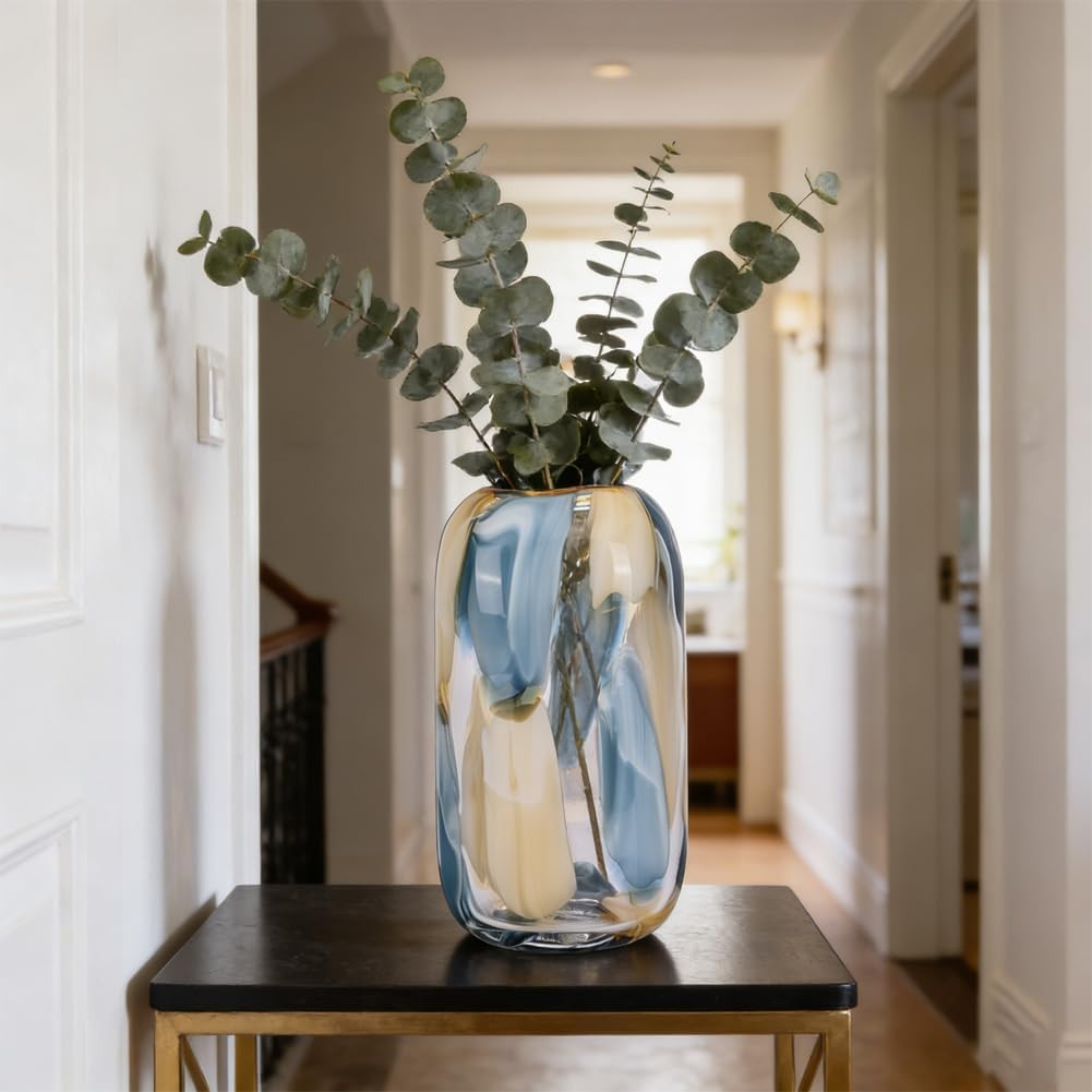 Hand Blown Blue Glass Vase – 12.6″ Decorative Centerpiece for Home Decor
