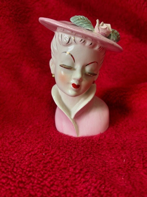 VTG IRice Lady Head Vase Pink Coat & Hat W / Flowers