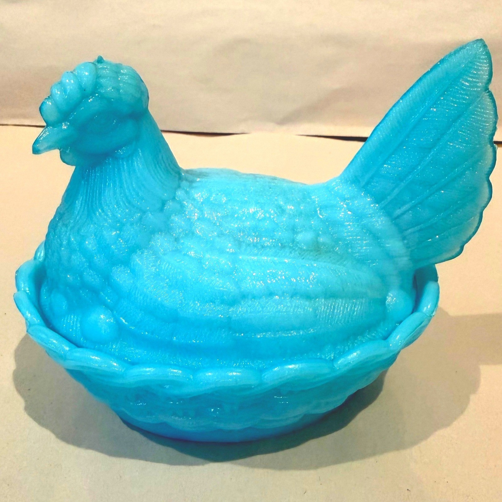 LG Wright Blue Milk Glass Hen on Nest Split Tail Covered Dish Basketweave