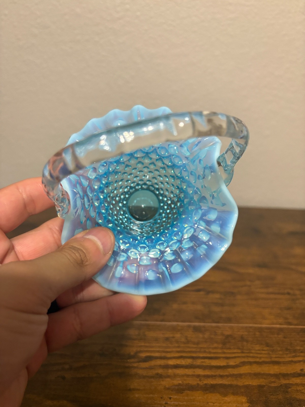 VTG Fenton Blue Opalescent 5 7/8″H Hobnail Art Glass Basket