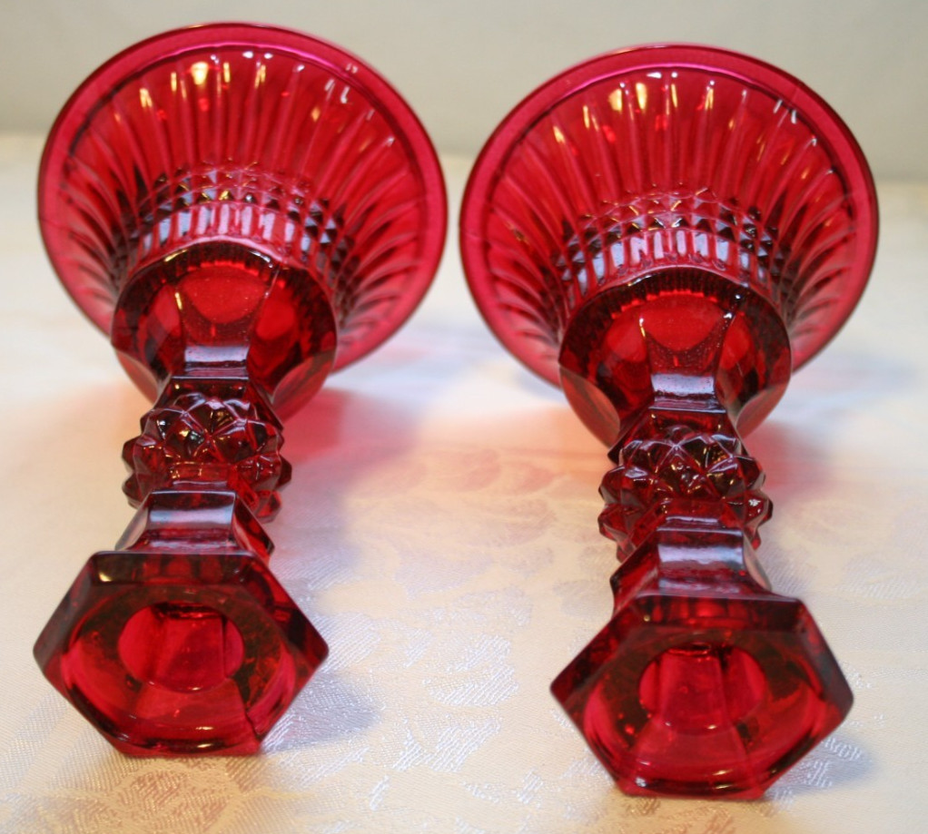 2 Red Diamond Point Candlesticks Indiana Glass