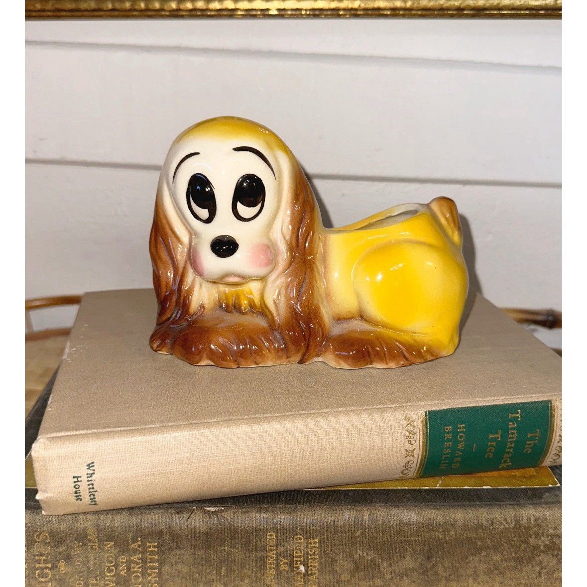 Mid Century Modern Small Yellow/Brown Ceramic Big Eyed Cocker Spaniel Planter
