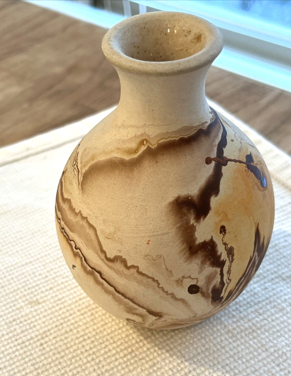 Nemadji Pottery USA Bud Vase Brown Earth Tones Swirl Retro Design 3.5” Inches
