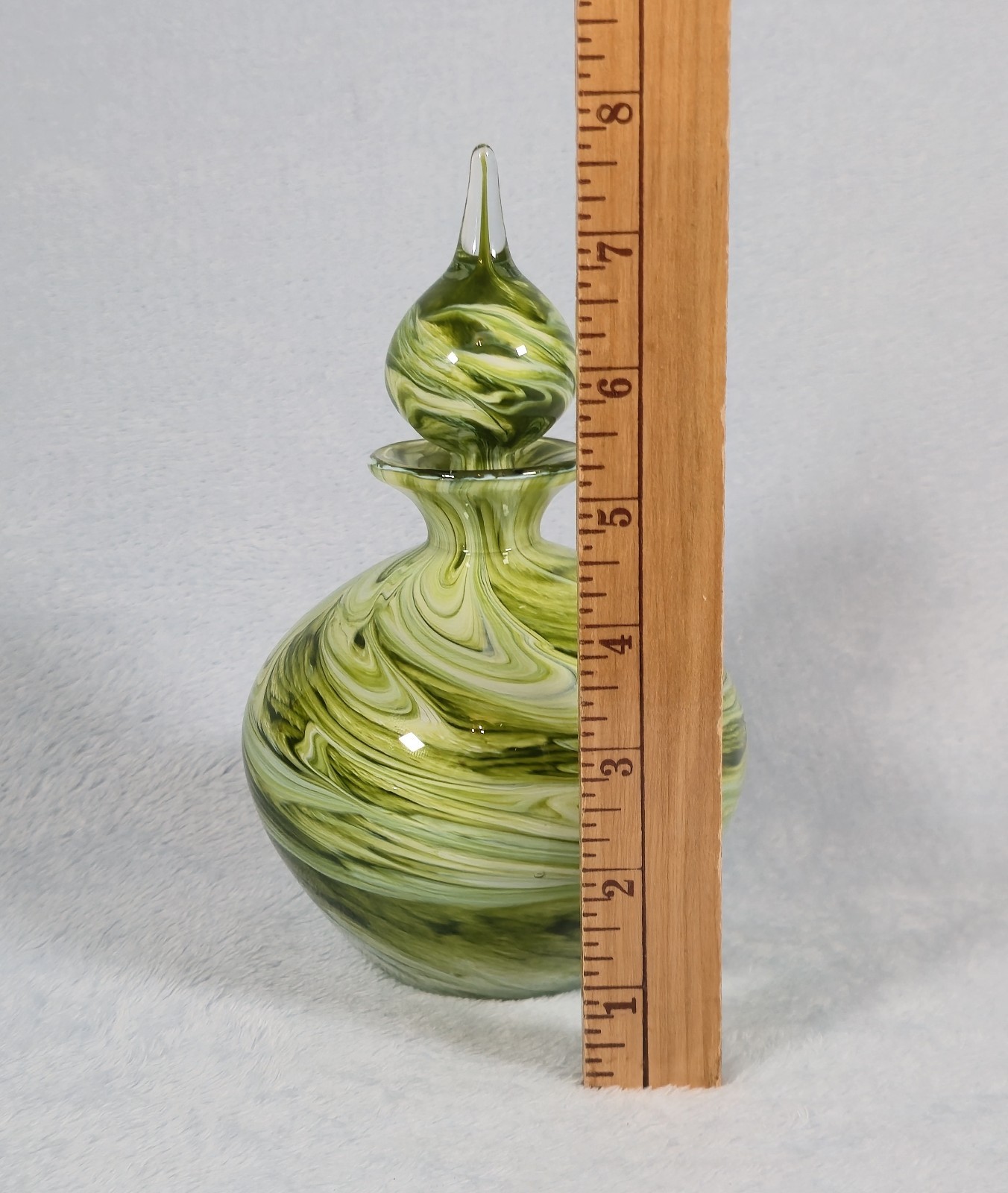 Valletta Glass Hand Blown Green Swirl Perfume Bottle 8in Signed