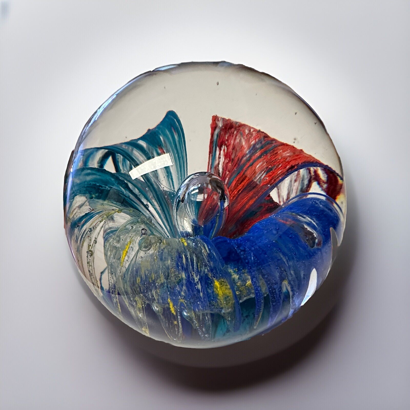 Paperweight GLASS CONTROLLED BUBBLE Abstract Flower Fire Works Cobalt Base Nice!