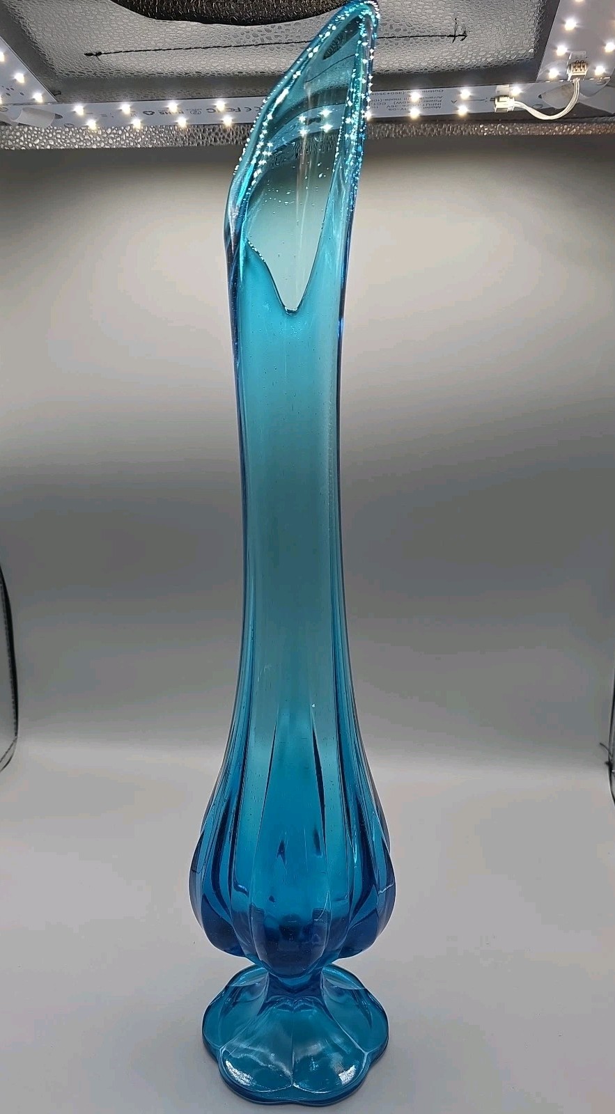 LE Smith Peacock Blue Swung Vase 19 3/4” MCM Ribbed Footed Six Pedals Pedestal