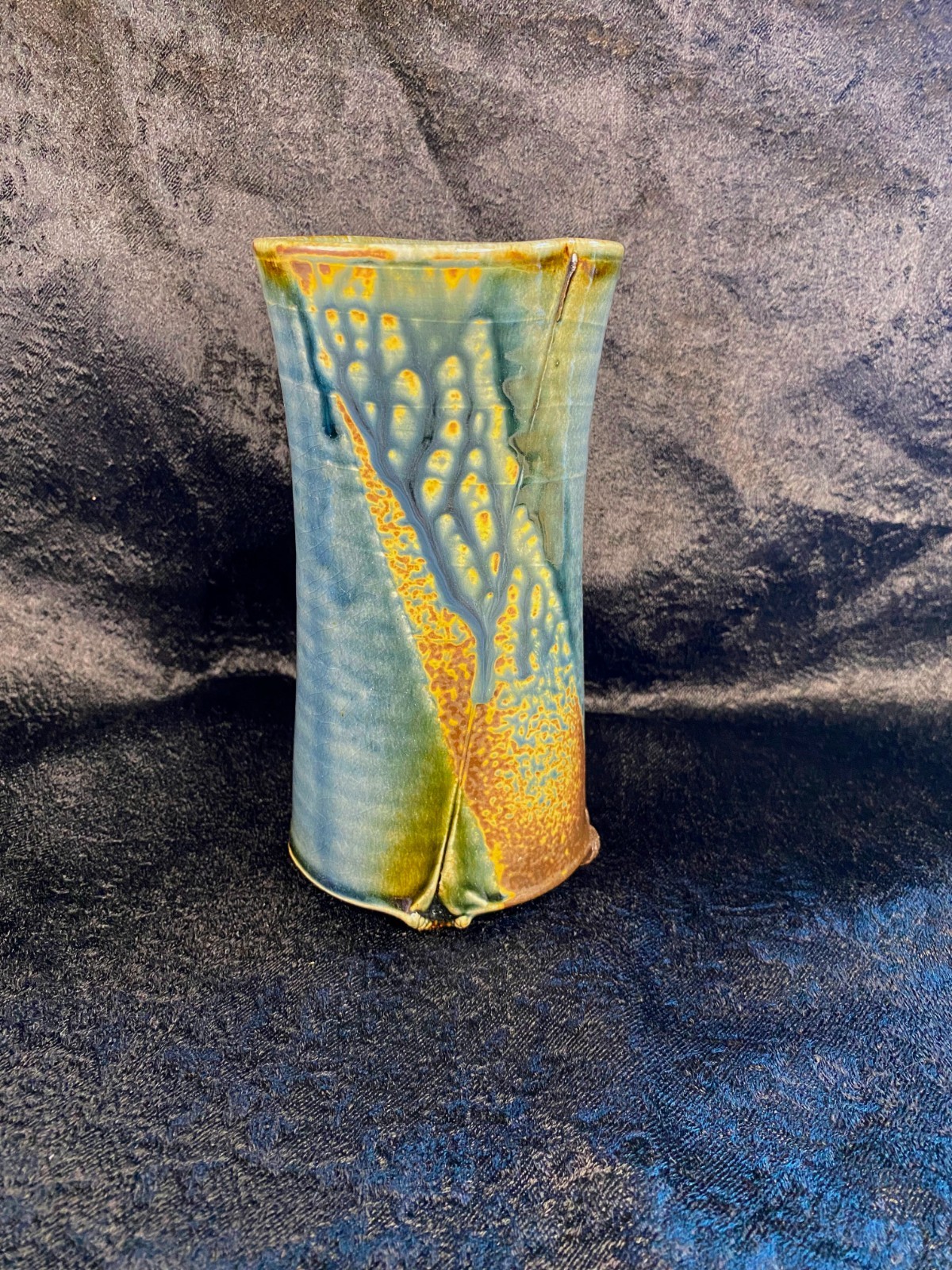 Mid 20th Century Art Pottery Blue Brown Sand Stoneware Vase