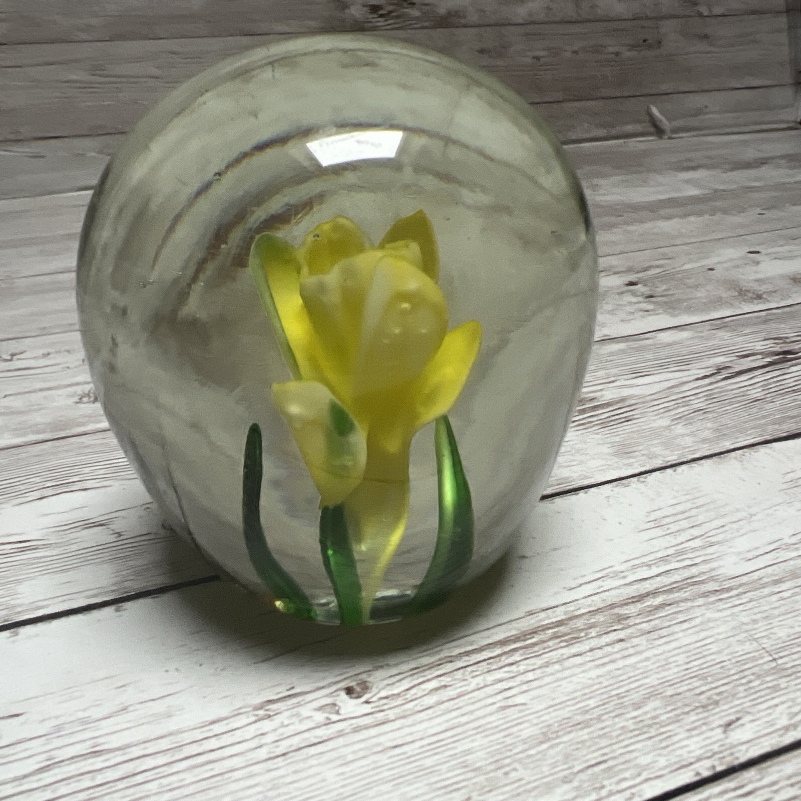 Vintage Art Glass Yellow Daffodil Flower Floral Paperweight