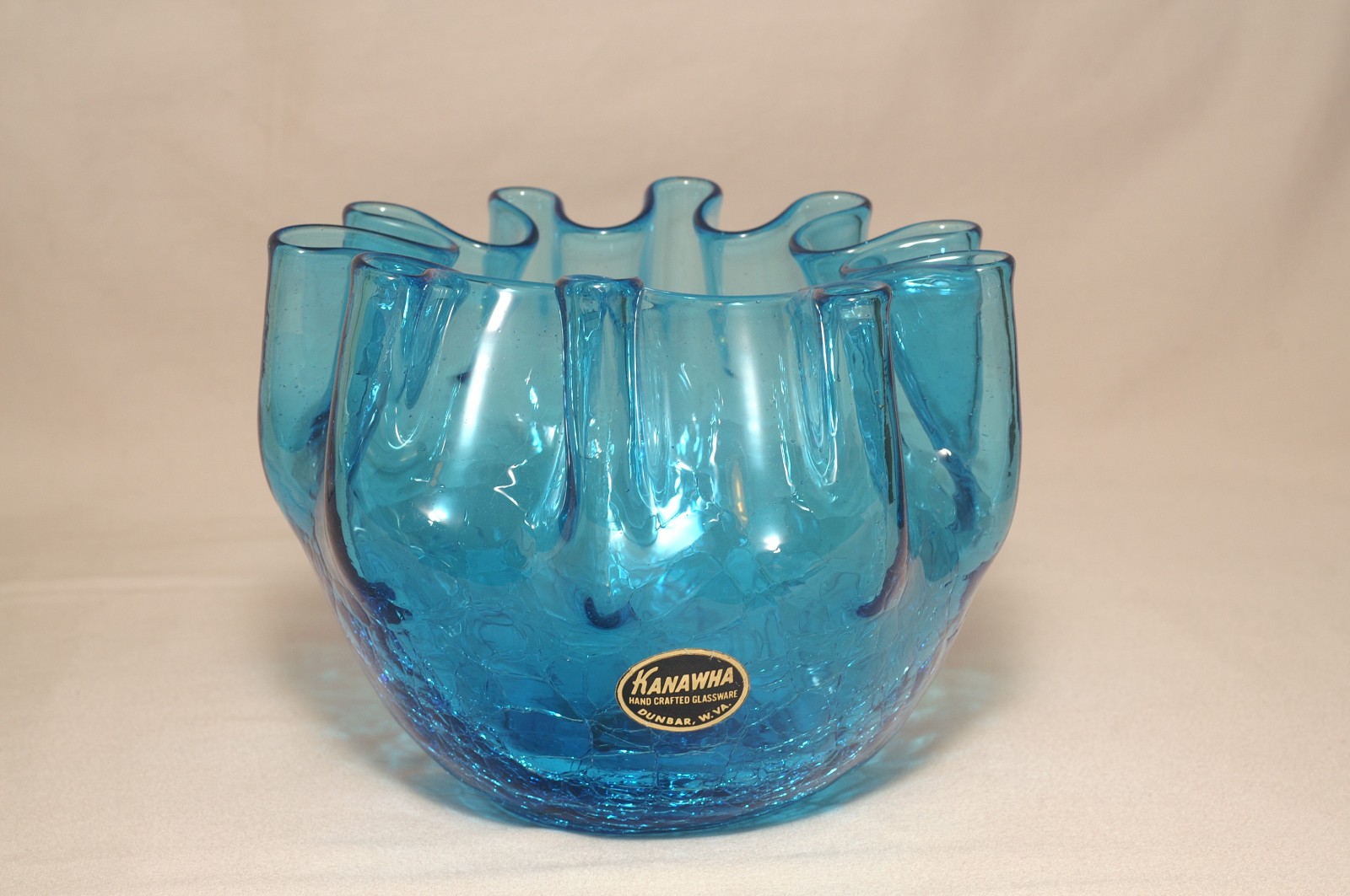 Vintage Kanawha Blue Crackle Blown Glass Crimped Rose Bowl Vase