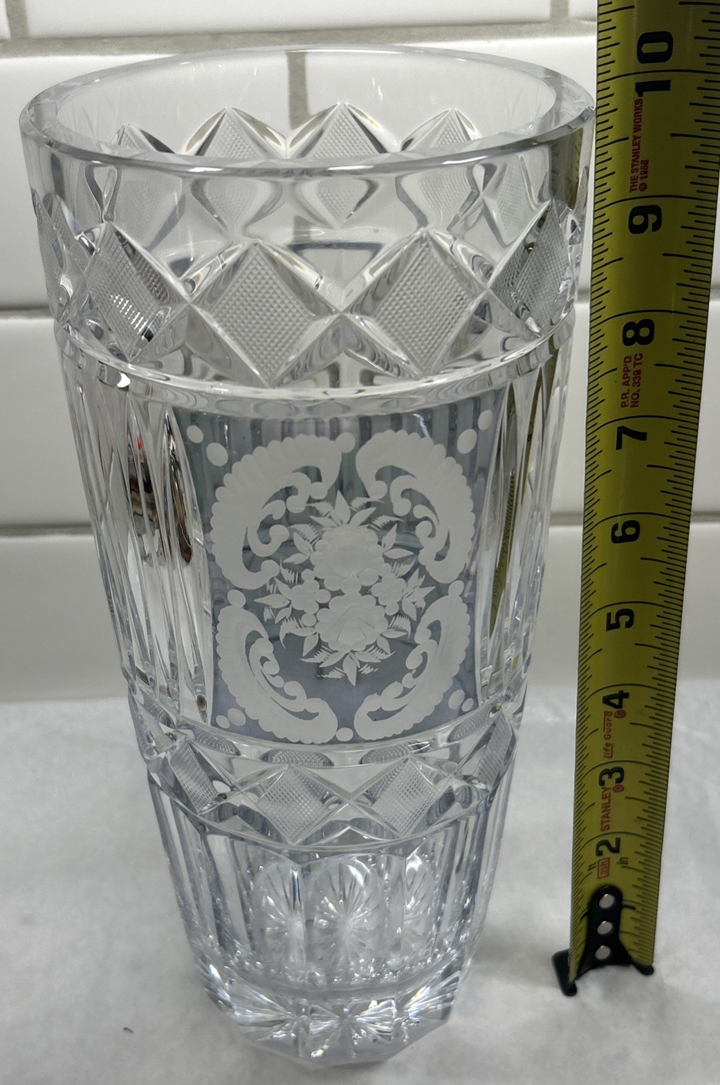 Large Beautiful Vintage Etched Baccarat Vase, Signed. Lovely Detail