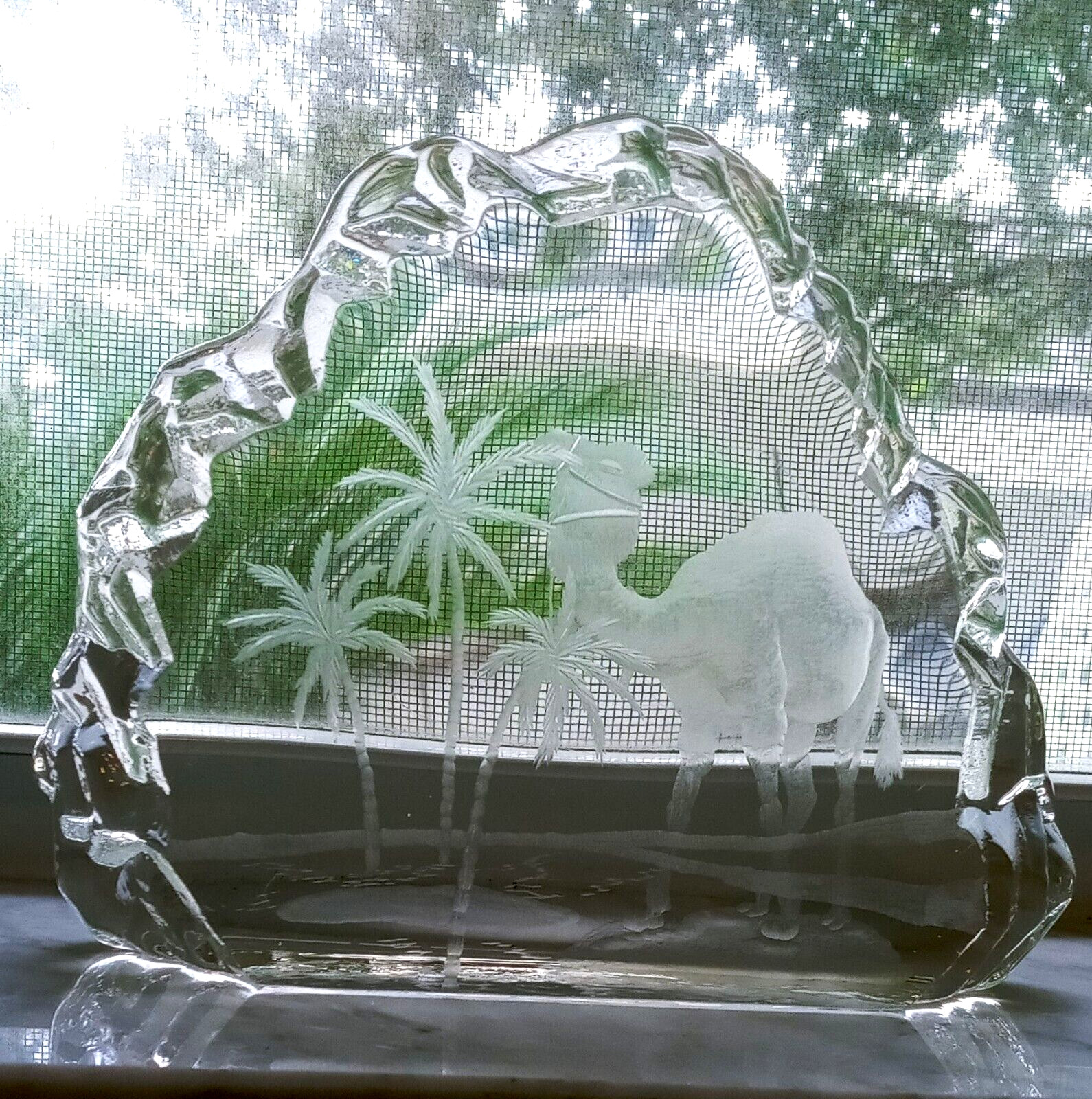Engraved Art Glass Sculpture – Heavy Table Art Glass – Signed-Camel/Palm Trees