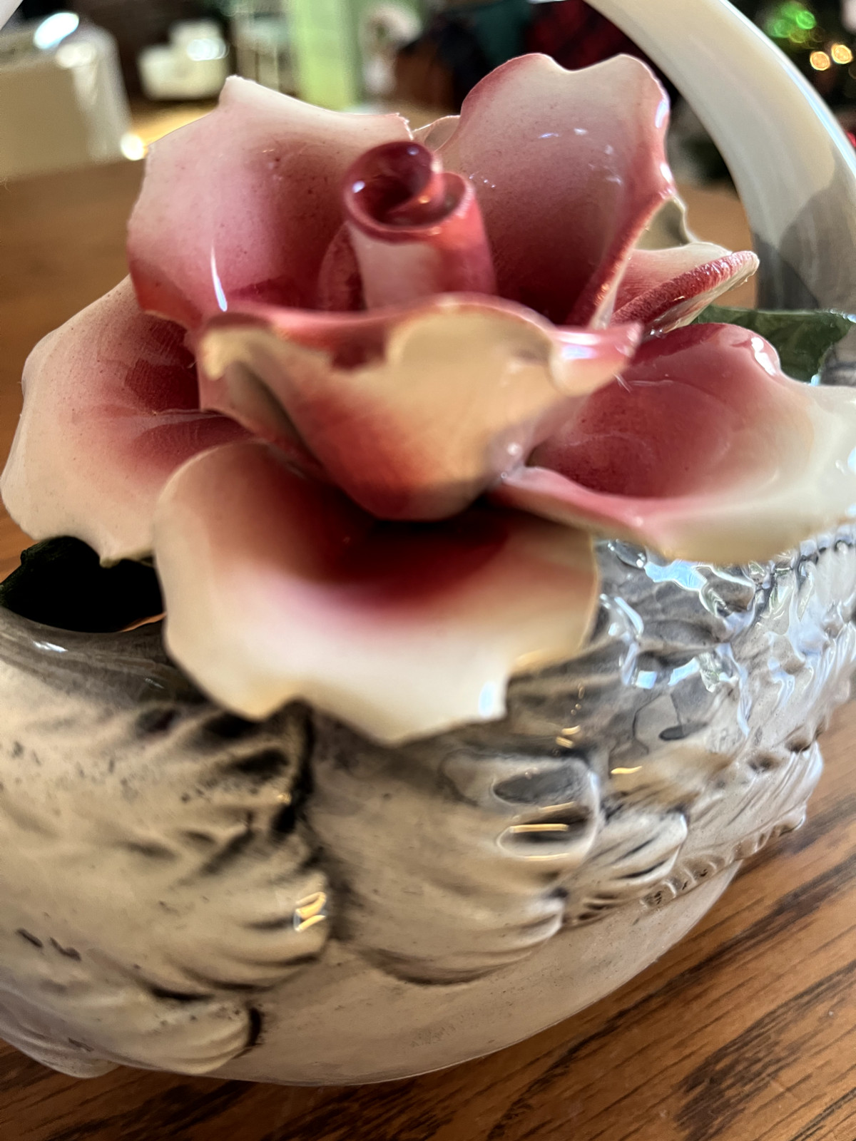 Capodimonte Double Swan with Pink and Yellow Roses from Italy