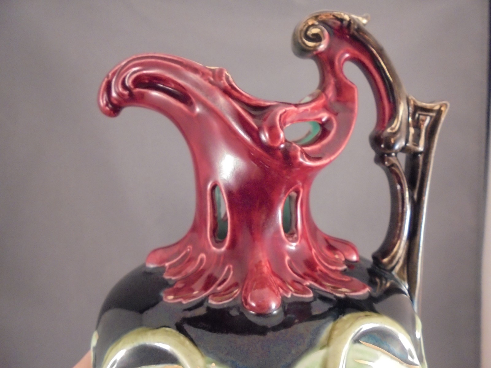 Antique Majolica Pottery Art Nouveau Ewer Vase Flowers Foliage 12 5/8″