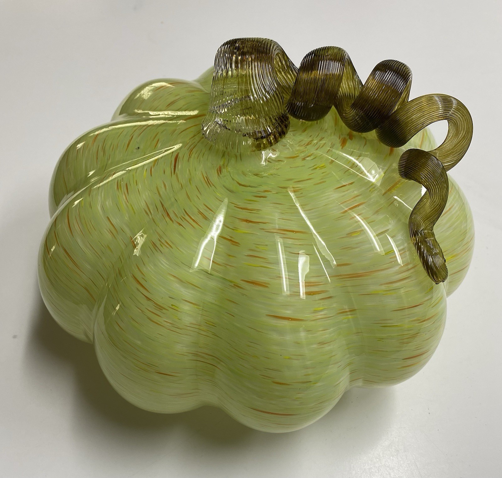 Hand Blown Art Glass Pumpkin Orange Green Flecks Twisted Reeded Clear Stem 9”