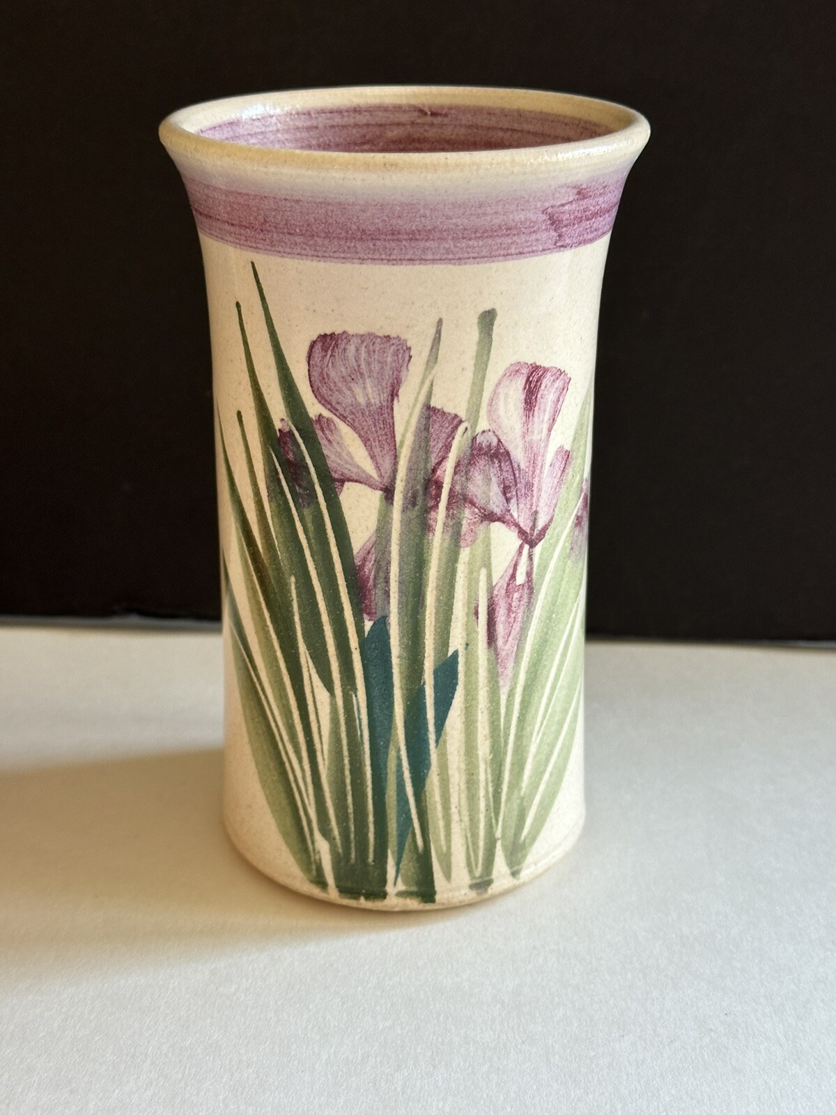 Studio Art Hand Thrown Pottery Vase Iris Hand Painted Artist Signed 6” USA