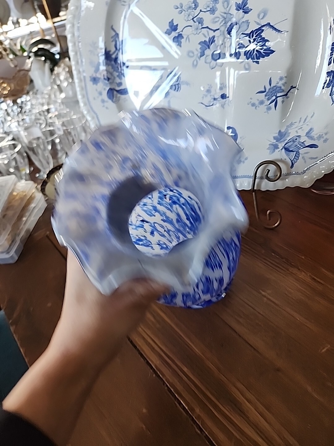10″ 1970’s Cobalt Blue & White swirl splatter Art Glass Vase Ruffled Top