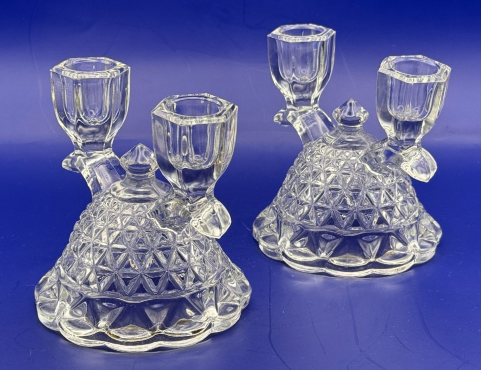 Vintage Imperial Glass Laced Edge Katy Clear Double Light Candlestick – Pair