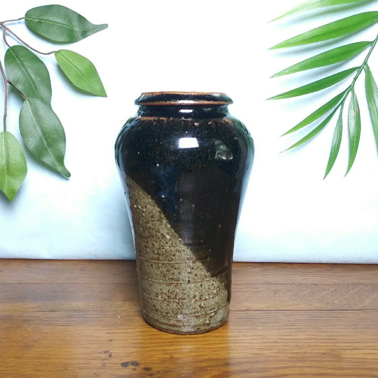 Vintage Studio Pottery Vase Two-Tone Brown Glaze Rustic Tapered 6.5″ Signed