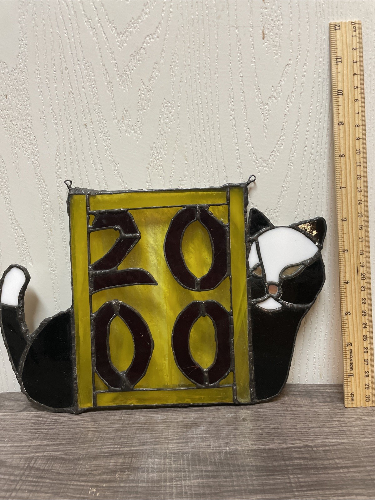 Stained Glass And Lead Sun Catcher Black And White Cat YEAR 2000 Y2K Red Yellow