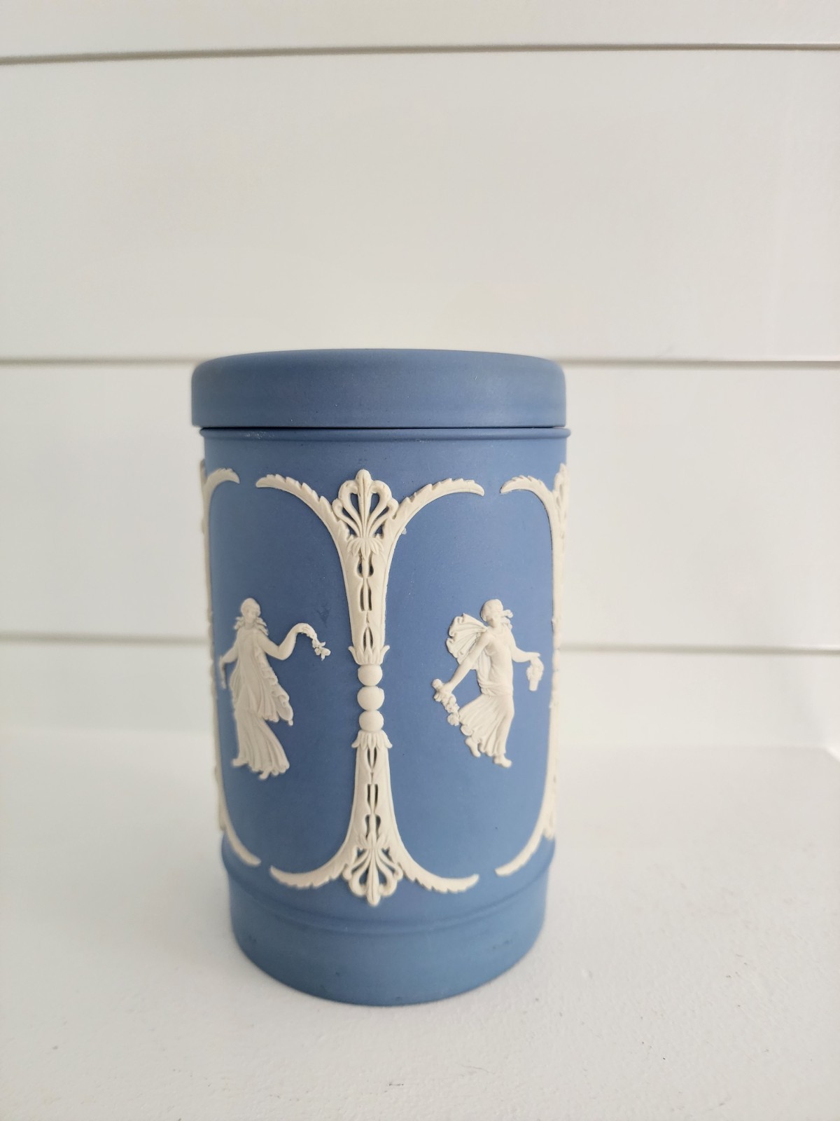 Large Wedgwood Light Blue Jasperware Dancing Hours Tea Canister Made for Harrods