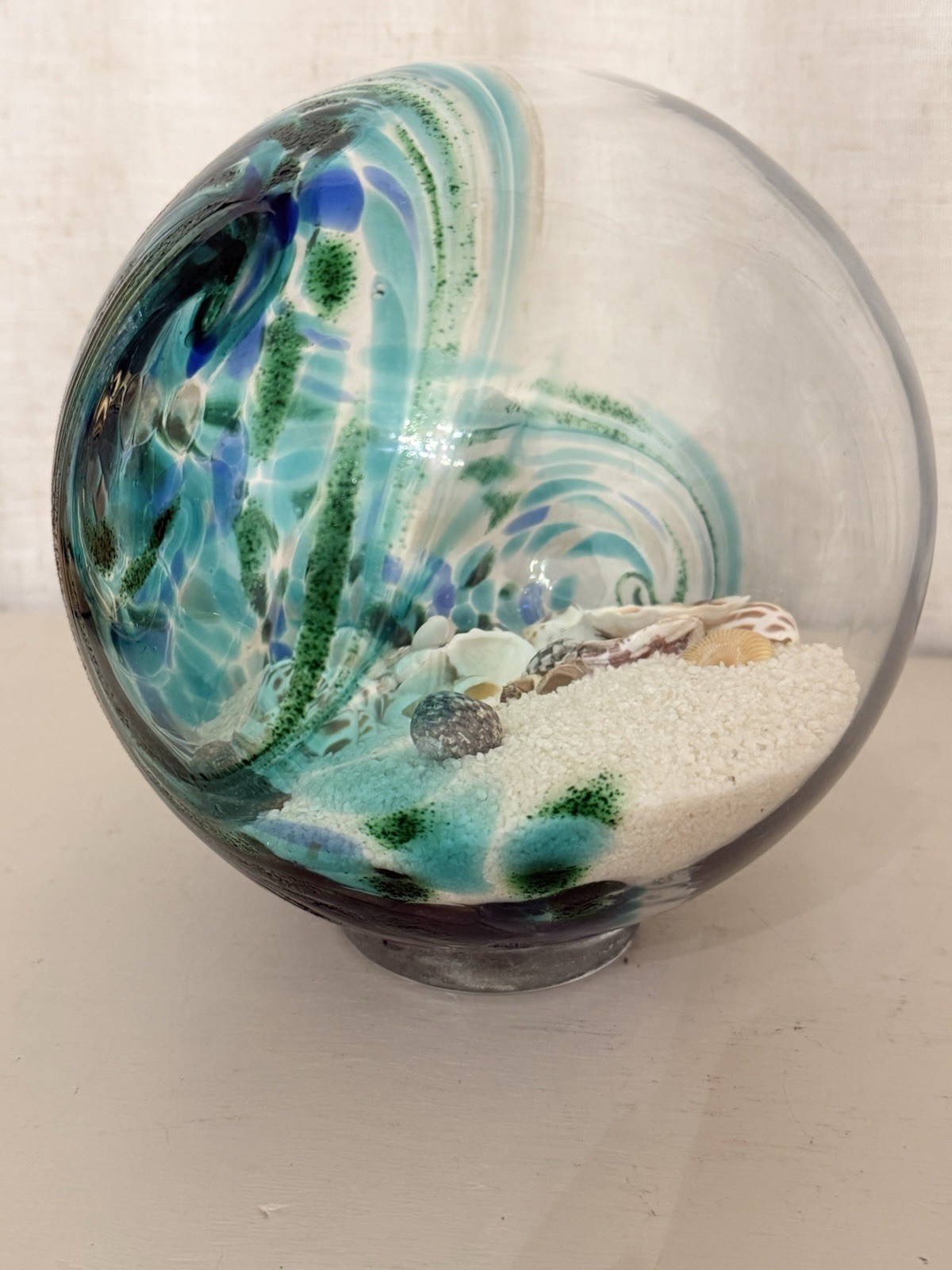 Large HQT 7” Art Glass Sea Globe Beach Paperweight Sand Shells Teal Blue