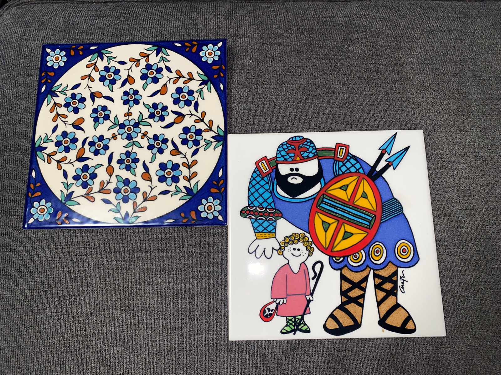 Set of 2 Jerusalem Art Pottery Tiles David Goliath and Flower Pattern 6”x6”