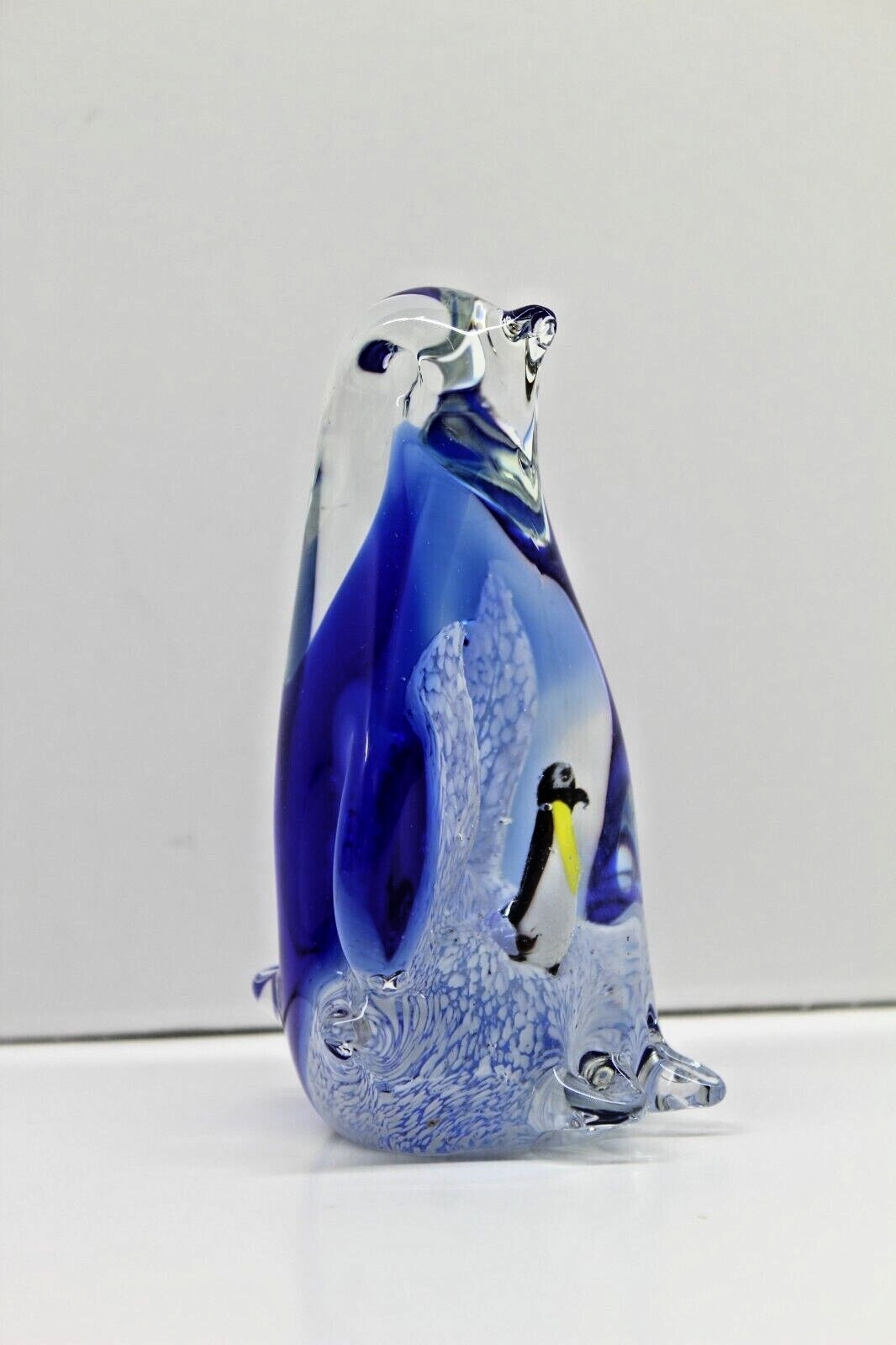 Penguin Art Glass Paperweight 3-D Figurine Cobalt Blue Clear4 Inches