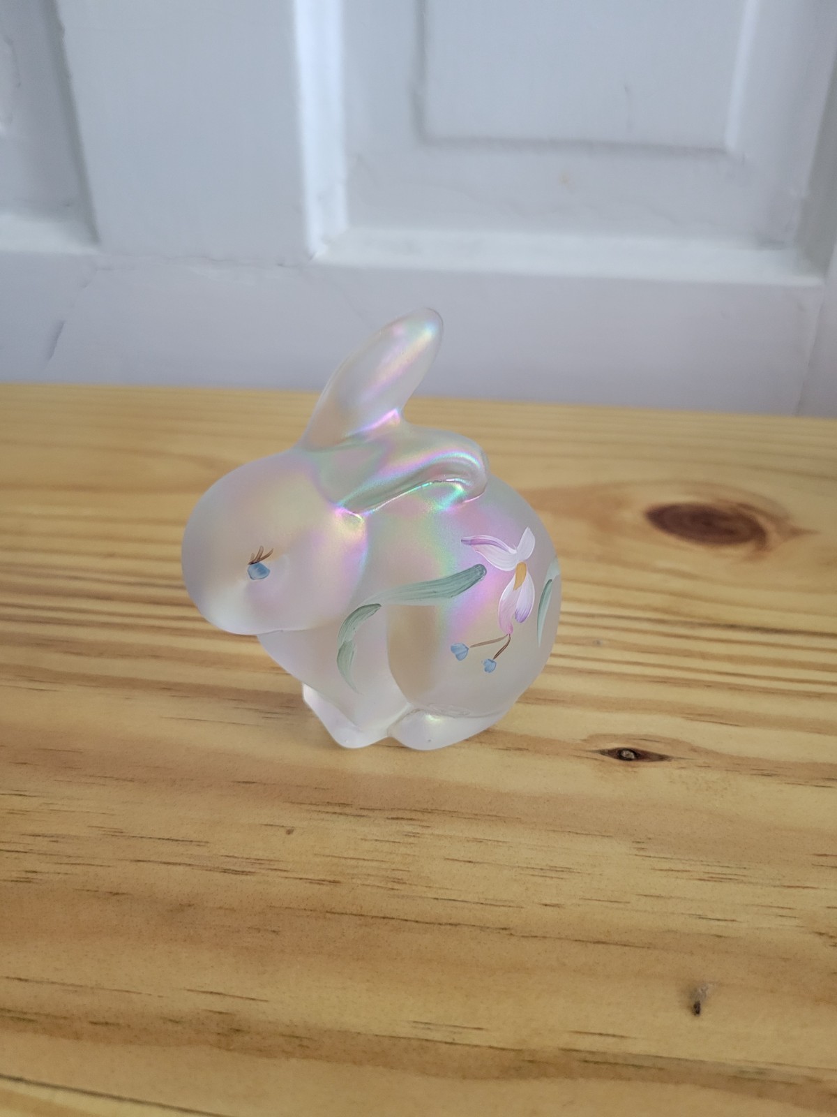 Fenton Art Glass French Opalescent Satin Bunny Hand Painted, Signed