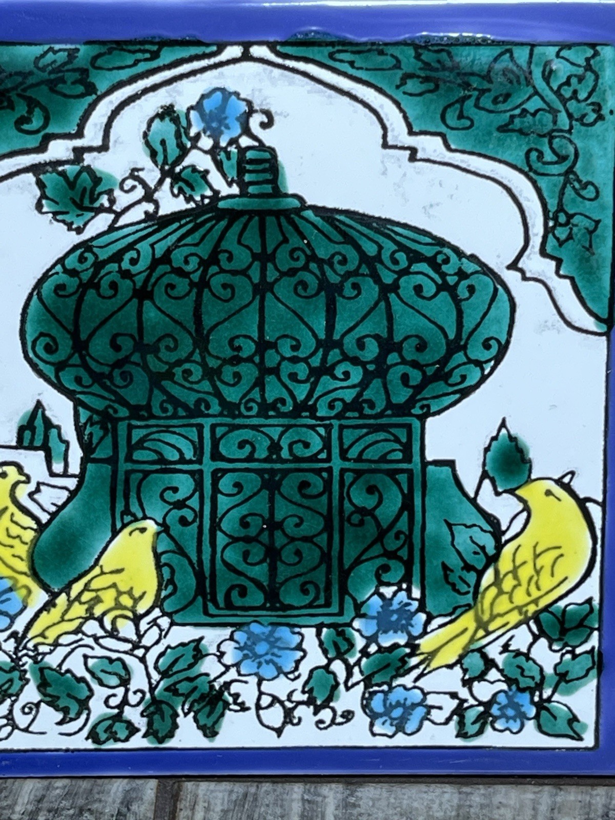 Vintage Ceramic Wall Art Tile 5-3/4” Hand Painted Oriental Garden Yellow Birds