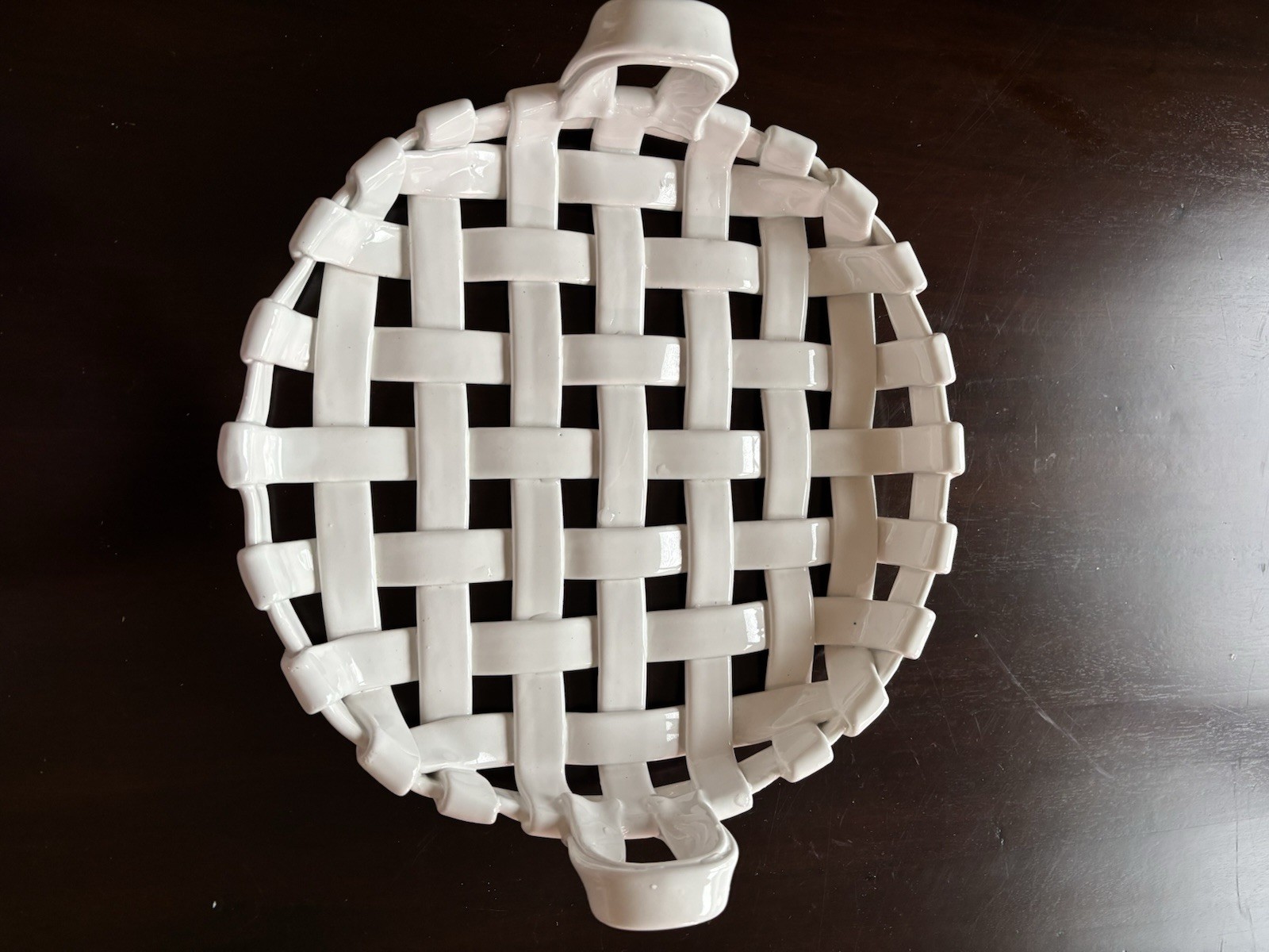 Vintage Italian White Woven Ceramic Basket Bowl with Handles – Hand-Painted