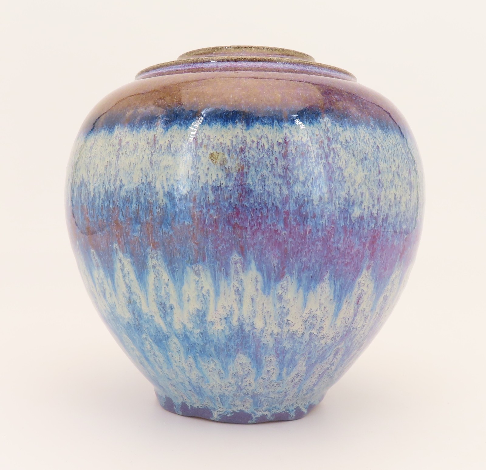 Art Pottery Vase Pot Purple Blue Flambe Drip Glaze 7″ High Artist Signed