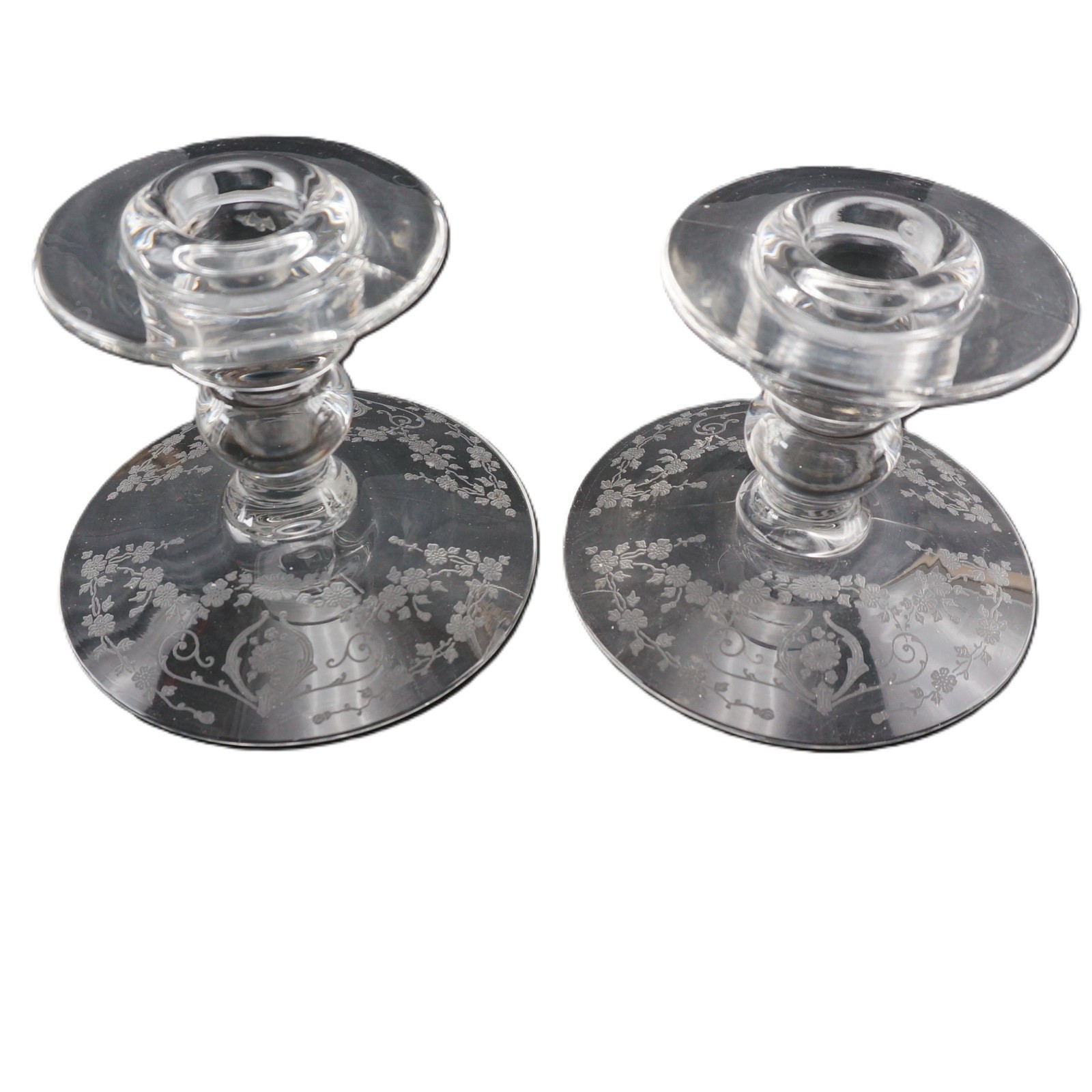 Pair of Cambridge Etched Clear Glass Diane Pattern 4″ Candle Holders Vintage