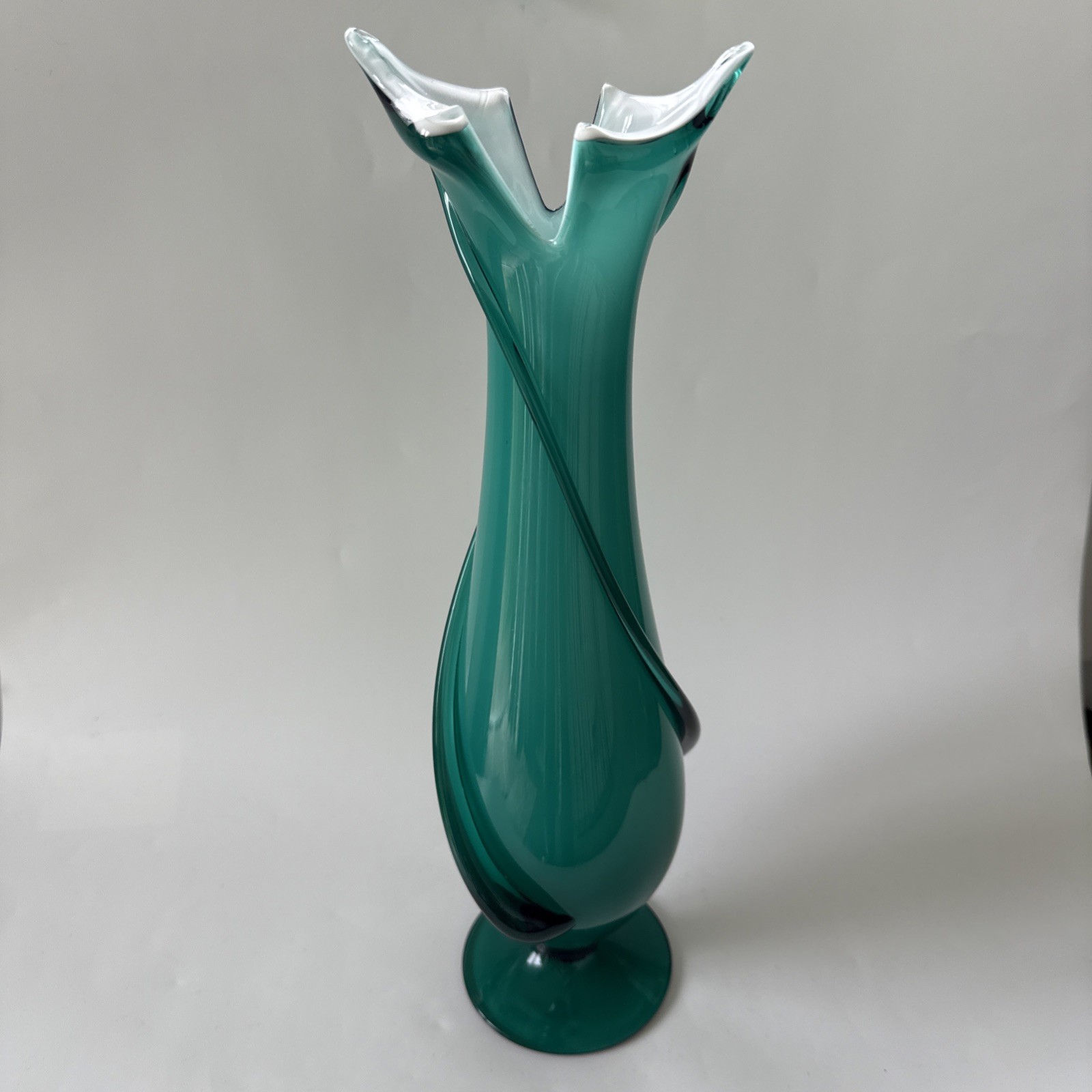 14.5” Hand Blown Cased Glass Vase Teal Inspired By Empoli/Murano w/Pontil AS IS