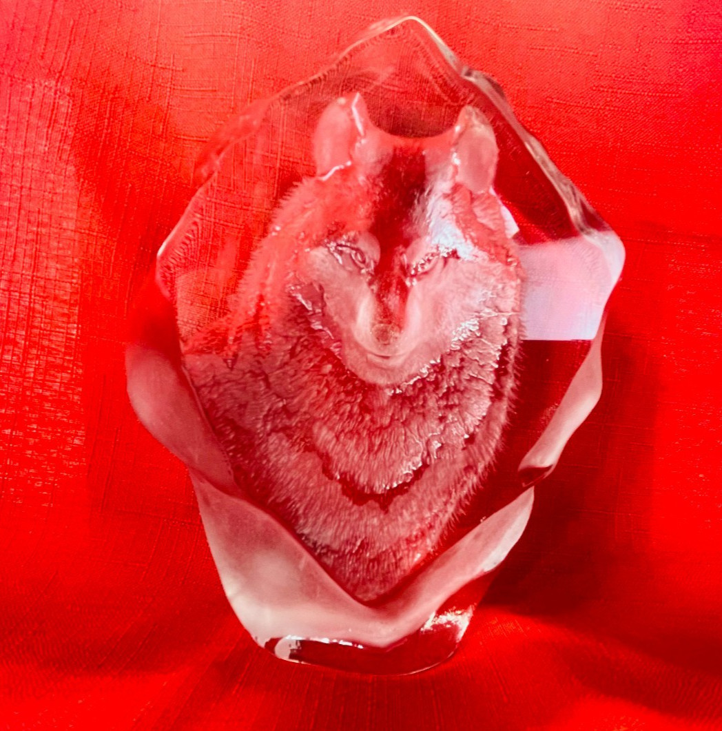 Mats Jonasson Lead Crystal Wolf Dog Sculpture Sweden Etched Signed Paperweight