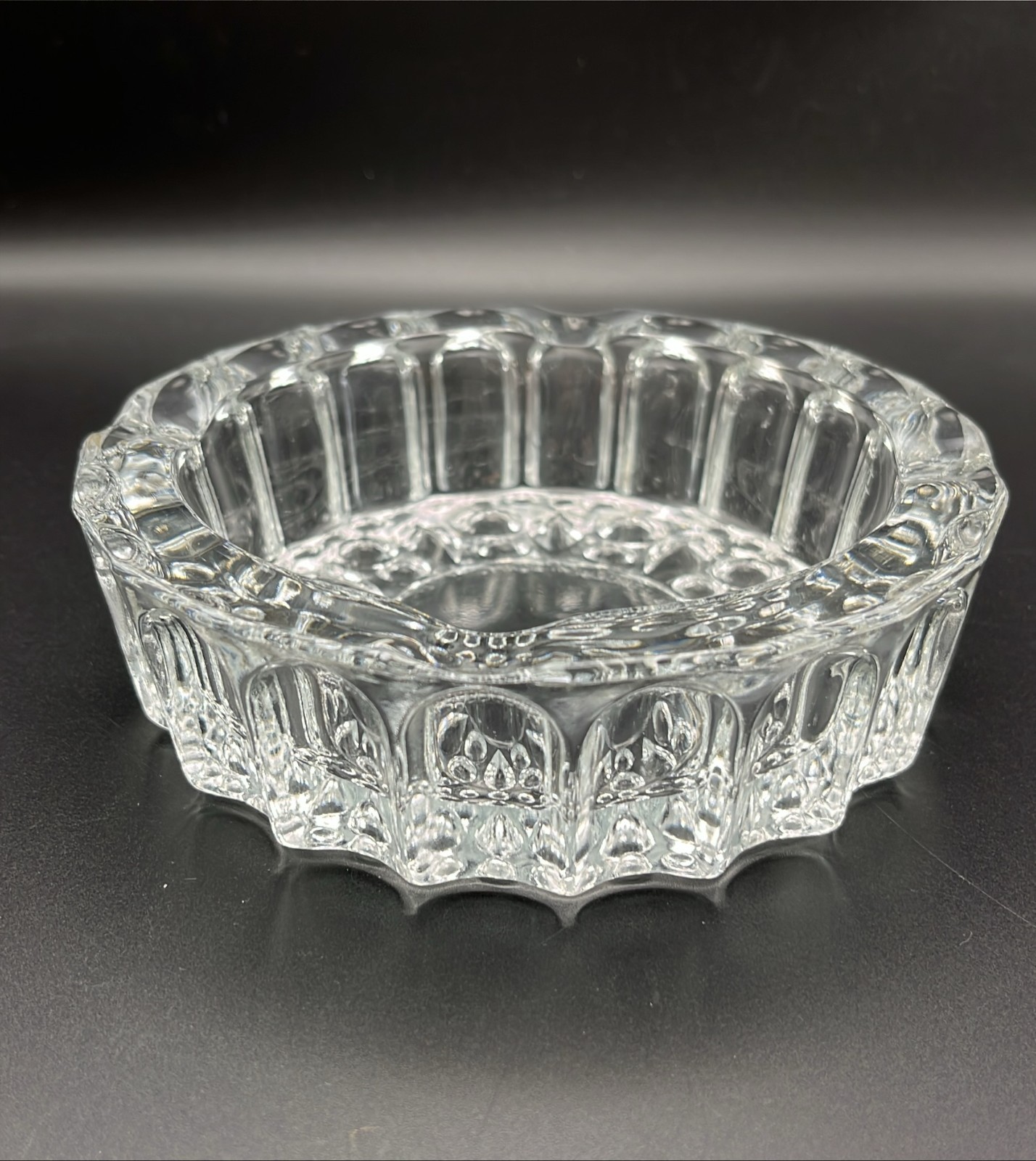 Vintage KIG Indonesia Heavy Clear Crystal Glass Thumbprint Ashtray Sparkling EUC