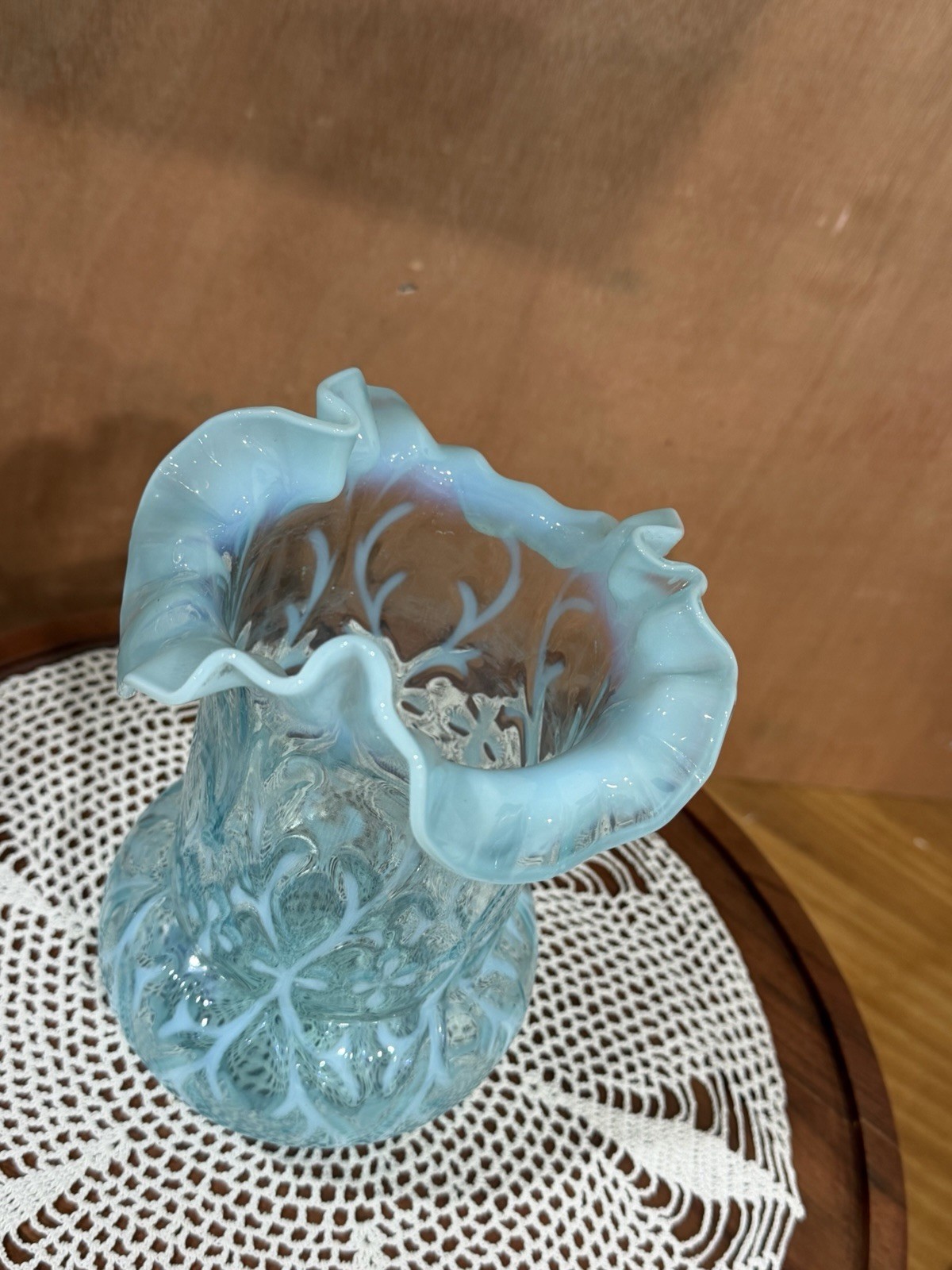 ANTIQUE VICTORIAN NORTHWOOD BLUE OPALESCENT SPANISH LACE CELERY VASE LATE 1800S