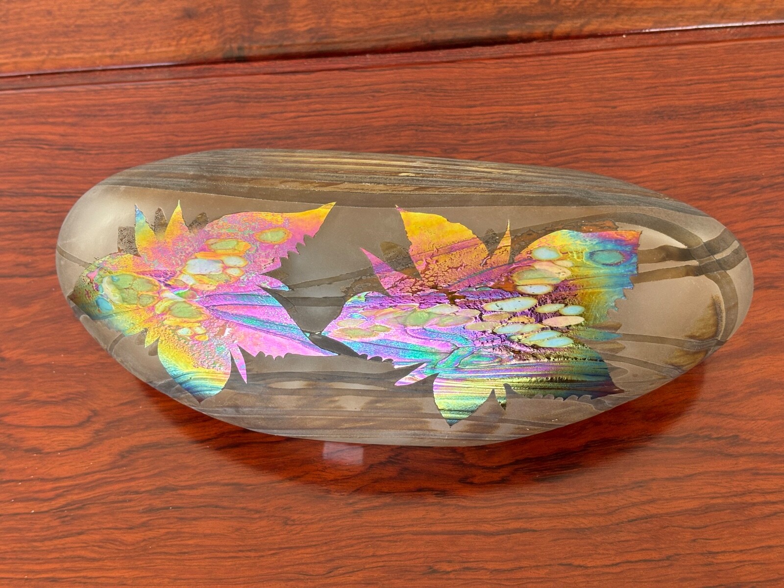 BOROWSKI GLASS STUDIO Transverse Oval Vase, Multi Color Flowers~GERMANY ~Signed.