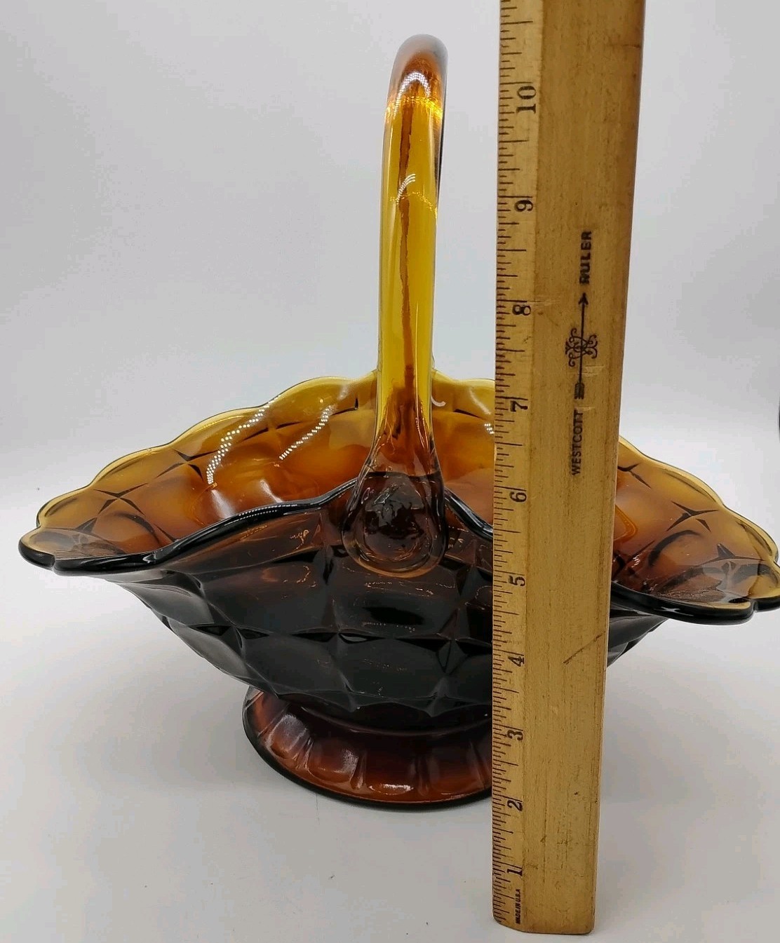 Antique / Vintage Amber Glass Basket Footed Laced Edged Scalloped Lg. Handle