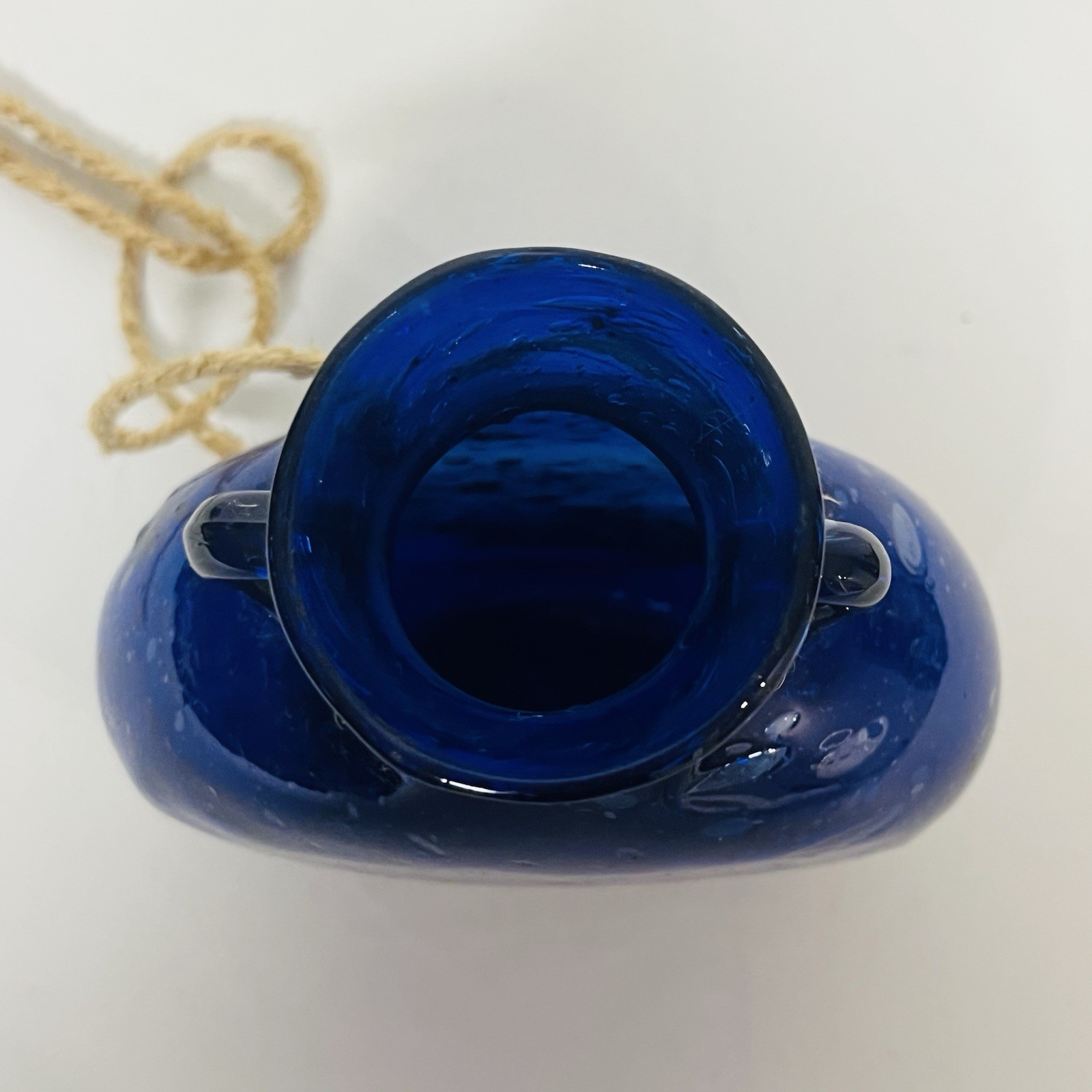 Hand Blown Blue Glass Hanging Vase Suspendable Art Made In Egypt Vintage 5 1/2″T