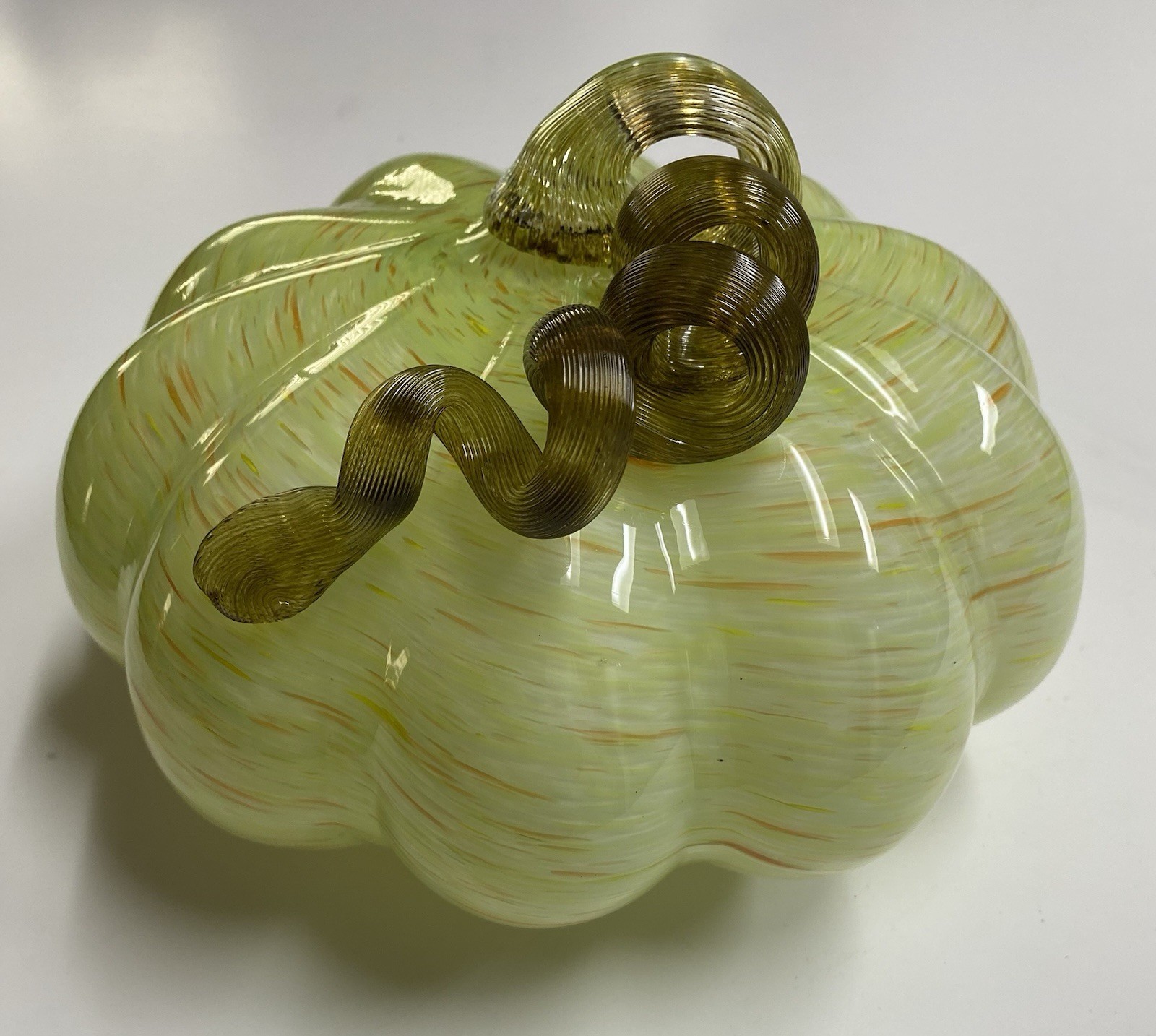 Hand Blown Art Glass Pumpkin Orange Green Flecks Twisted Reeded Clear Stem 9”