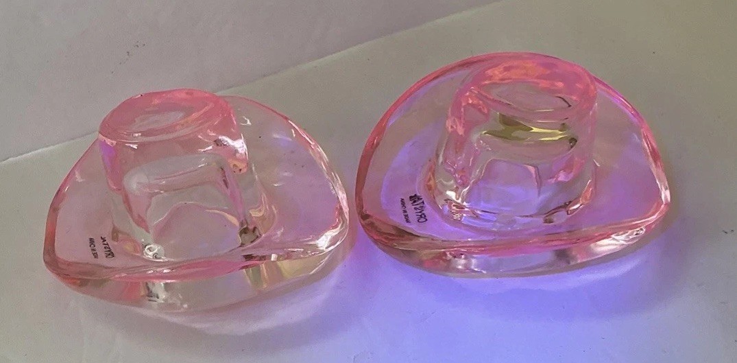 Pink Crystal Glass Cowboy Hat Paperweight or Decoration 4.5” x 3” Set of 2