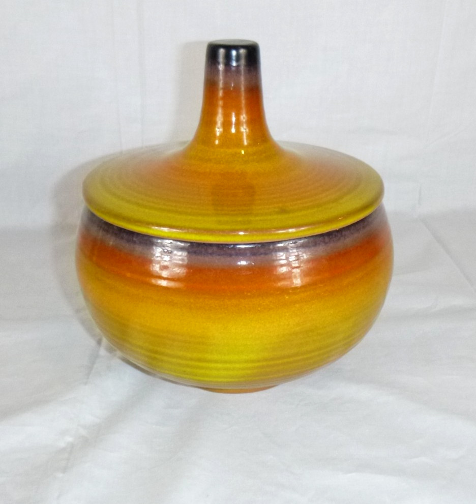 Vtg 60s Haeger Pottery Orb Jar & Lid 9H Sunrise Crackle Glaze Orange Yellow 7.5″