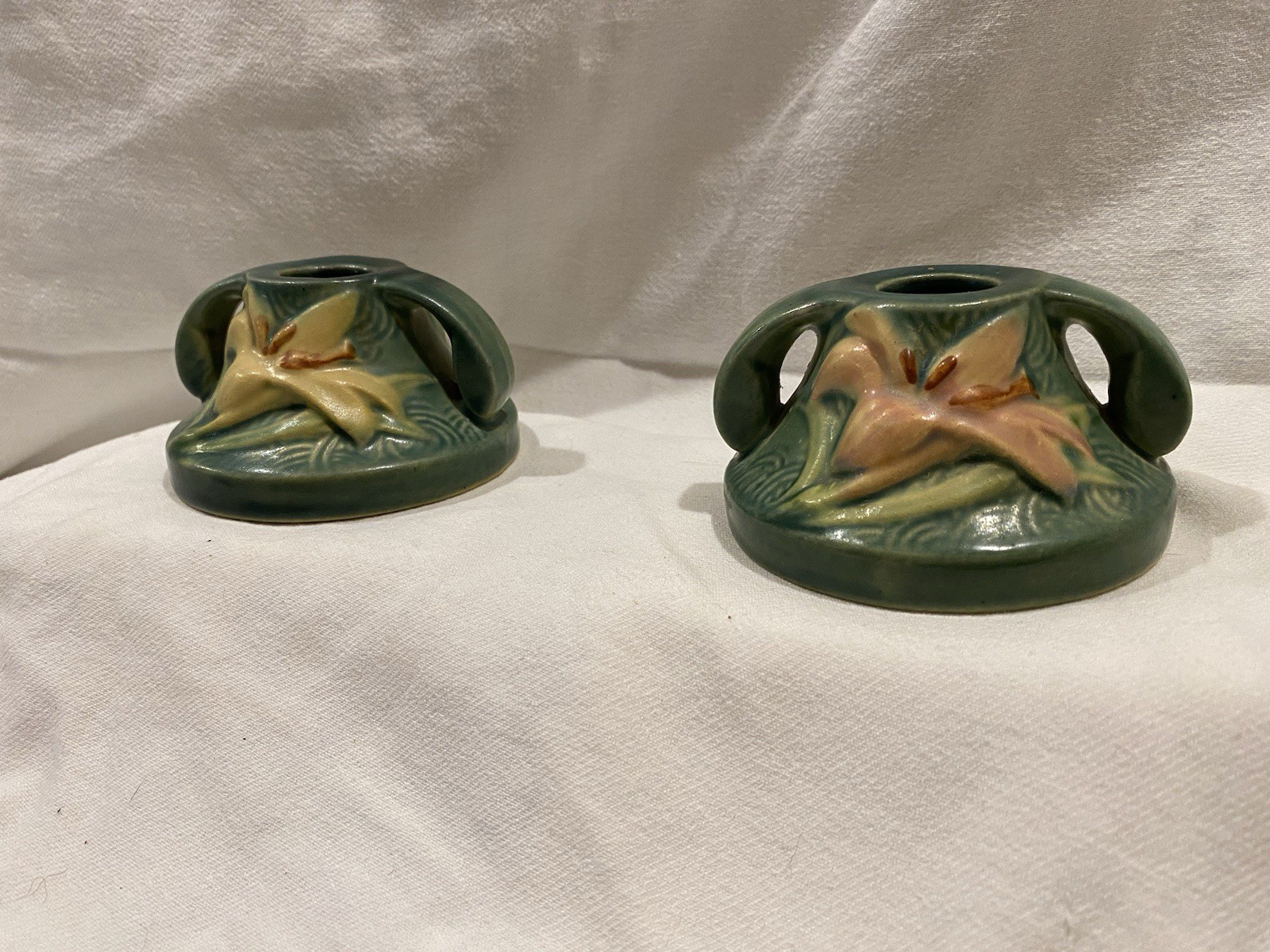 Roseville Zephyr Lily Candlestick Holders Pair #1162-2″ Green w/Pink and Yellow